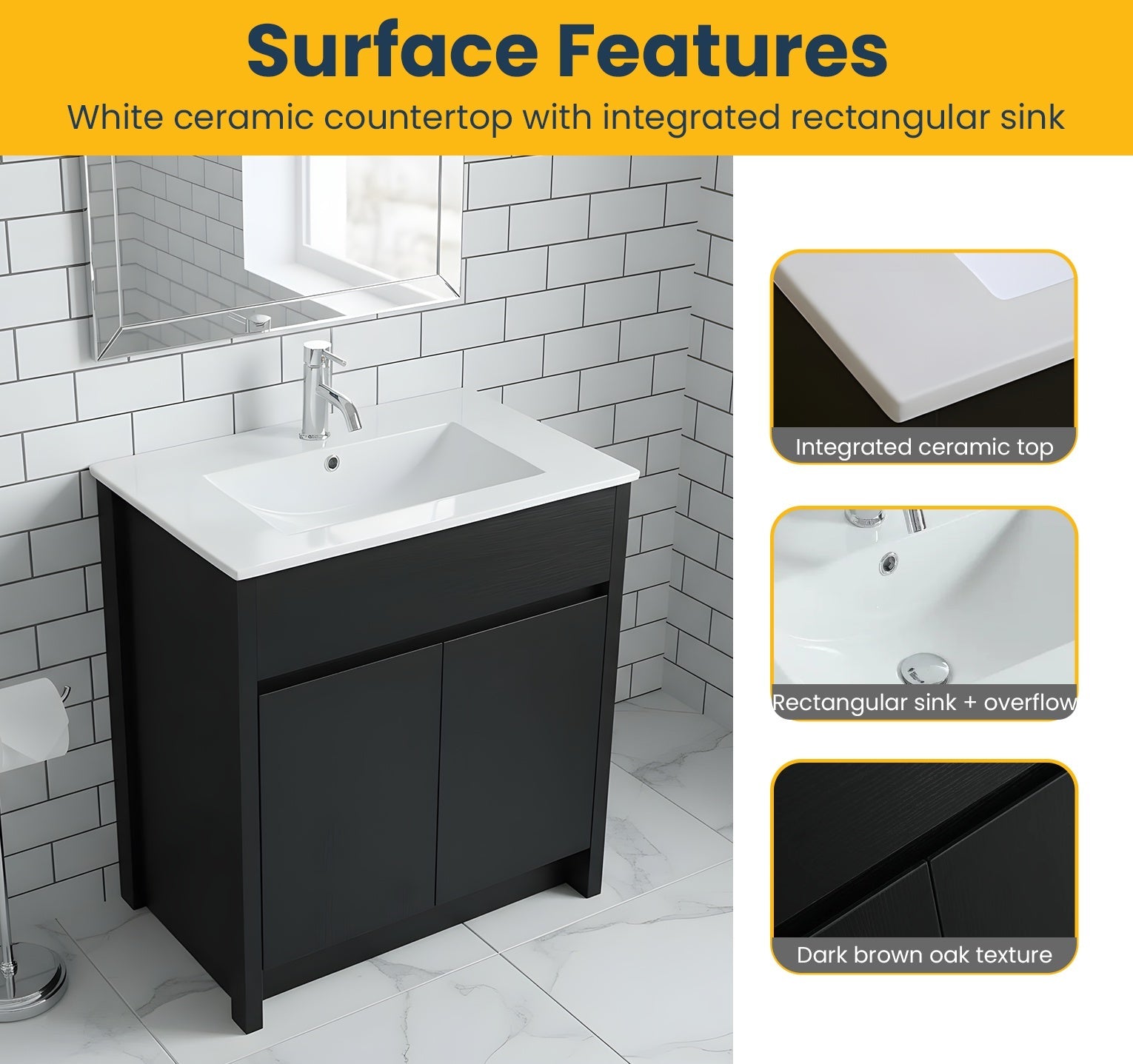 30" Dark Brown Oak Freestanding Bathroom Vanity with White Ceramic Countertop-Migration_Bathroom Vanities-DECOROLALA