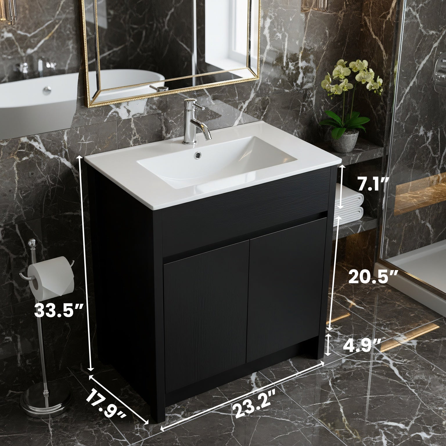 30" Dark Brown Oak Freestanding Bathroom Vanity with White Ceramic Countertop-Migration_Bathroom Vanities-DECOROLALA