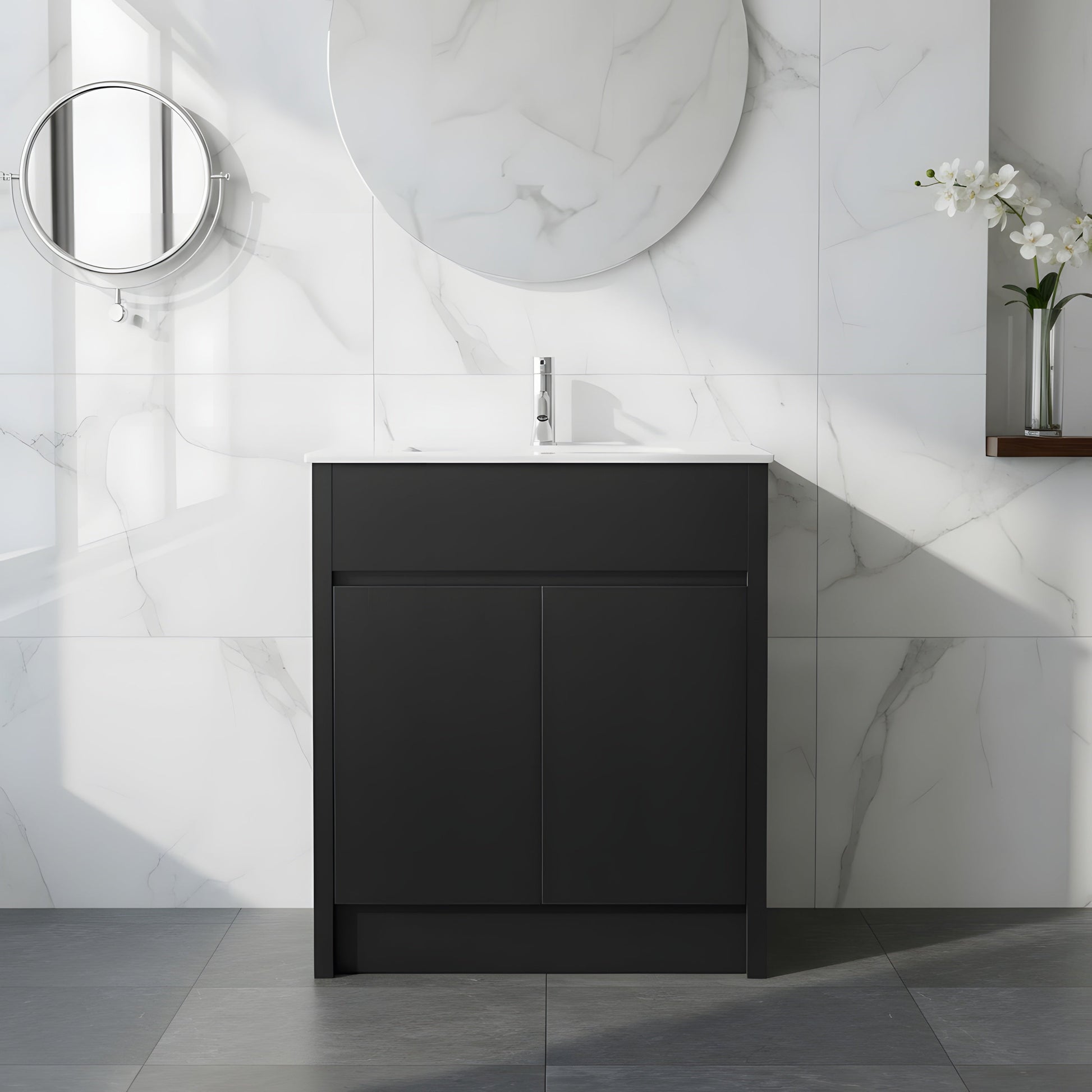 30" Dark Brown Oak Freestanding Bathroom Vanity with White Ceramic Countertop-Migration_Bathroom Vanities-DECOROLALA