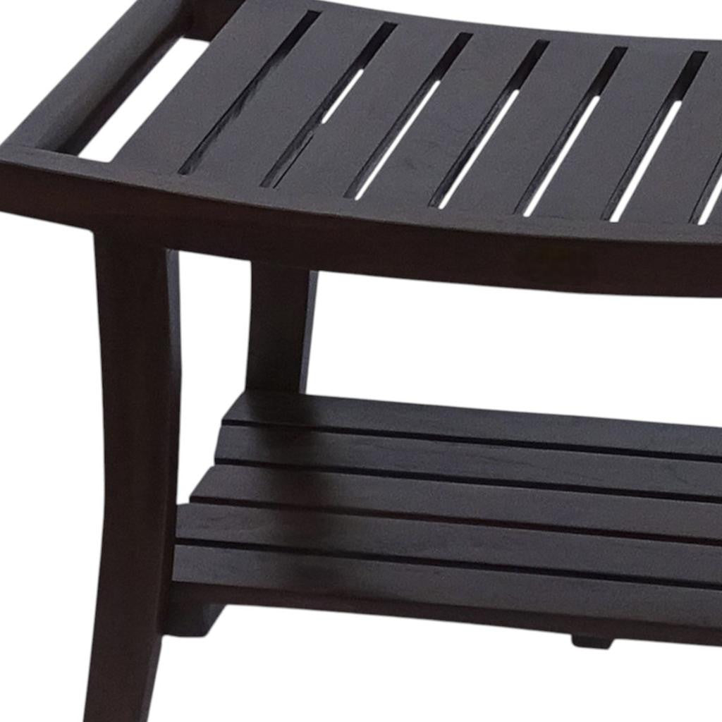 30" Dark Brown Teak Rectangular Shower Bench With Shelf-Shower Benches-DECOROLALA