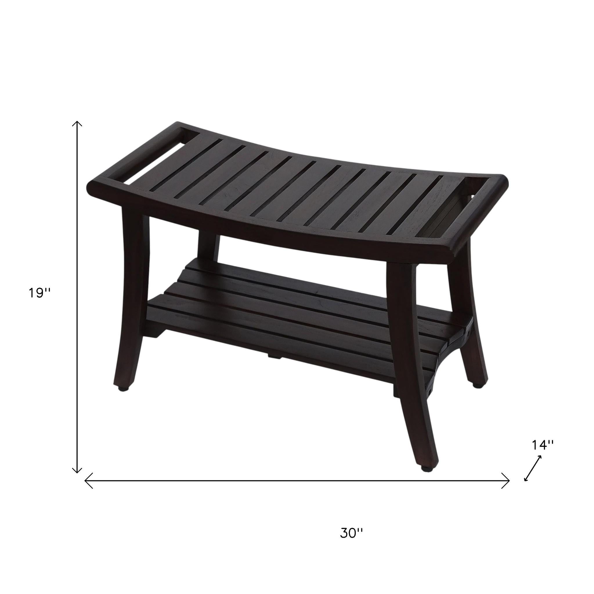 30" Dark Brown Teak Rectangular Shower Bench With Shelf-Shower Benches-DECOROLALA