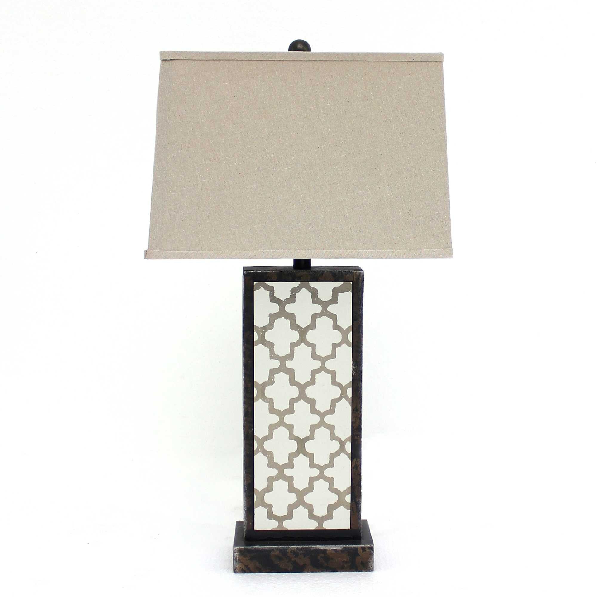 30" Distressed Bronze Metal Bedside Lamp With Beige Shade-Table Lamps-DECOROLALA