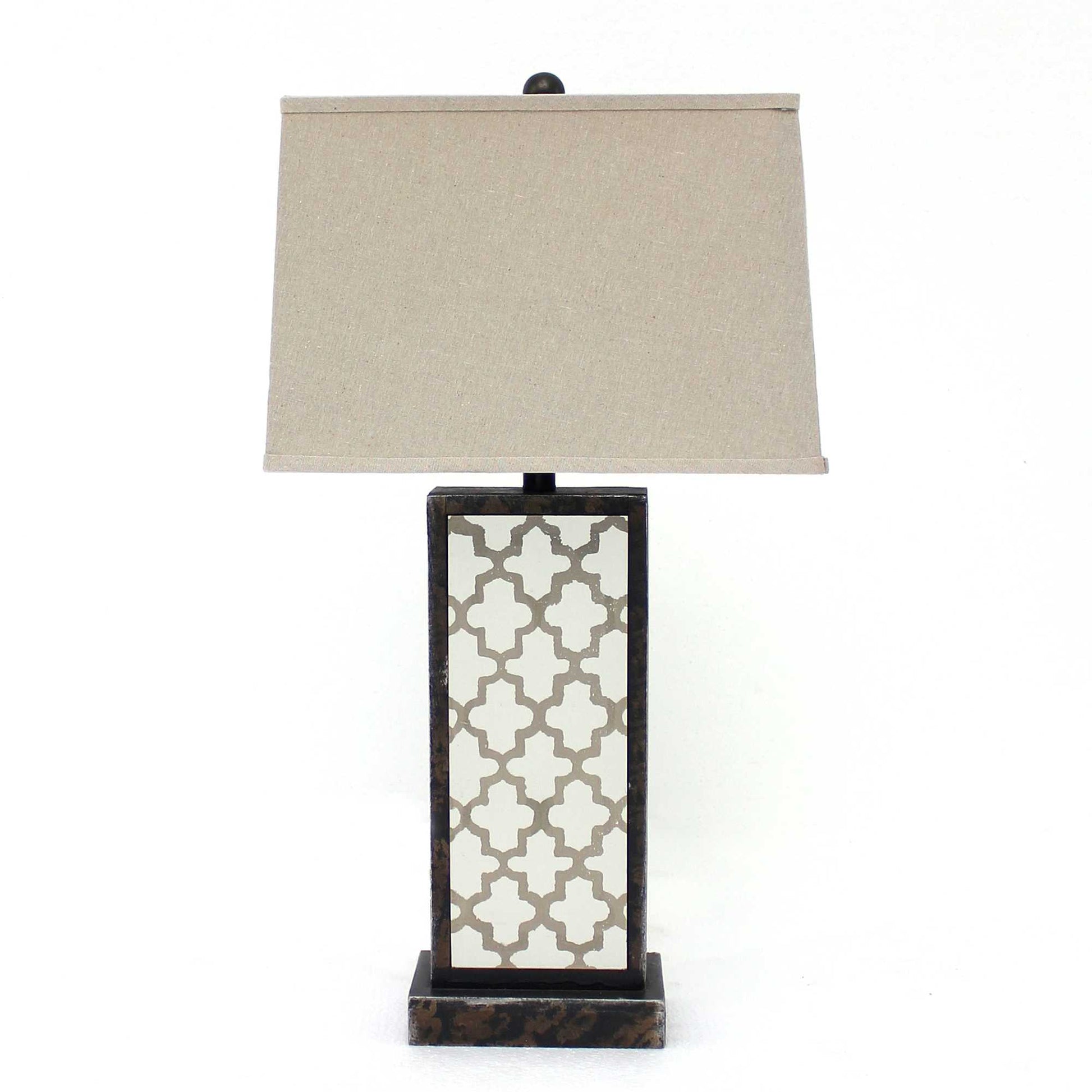 30" Distressed Bronze Metal Bedside Lamp With Beige Shade-Table Lamps-DECOROLALA