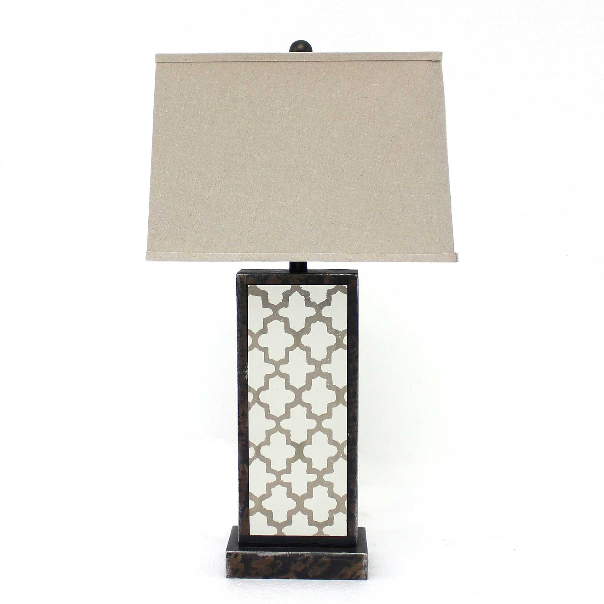 30" Distressed Bronze Metal Bedside Lamp With Beige Shade-Table Lamps-DECOROLALA