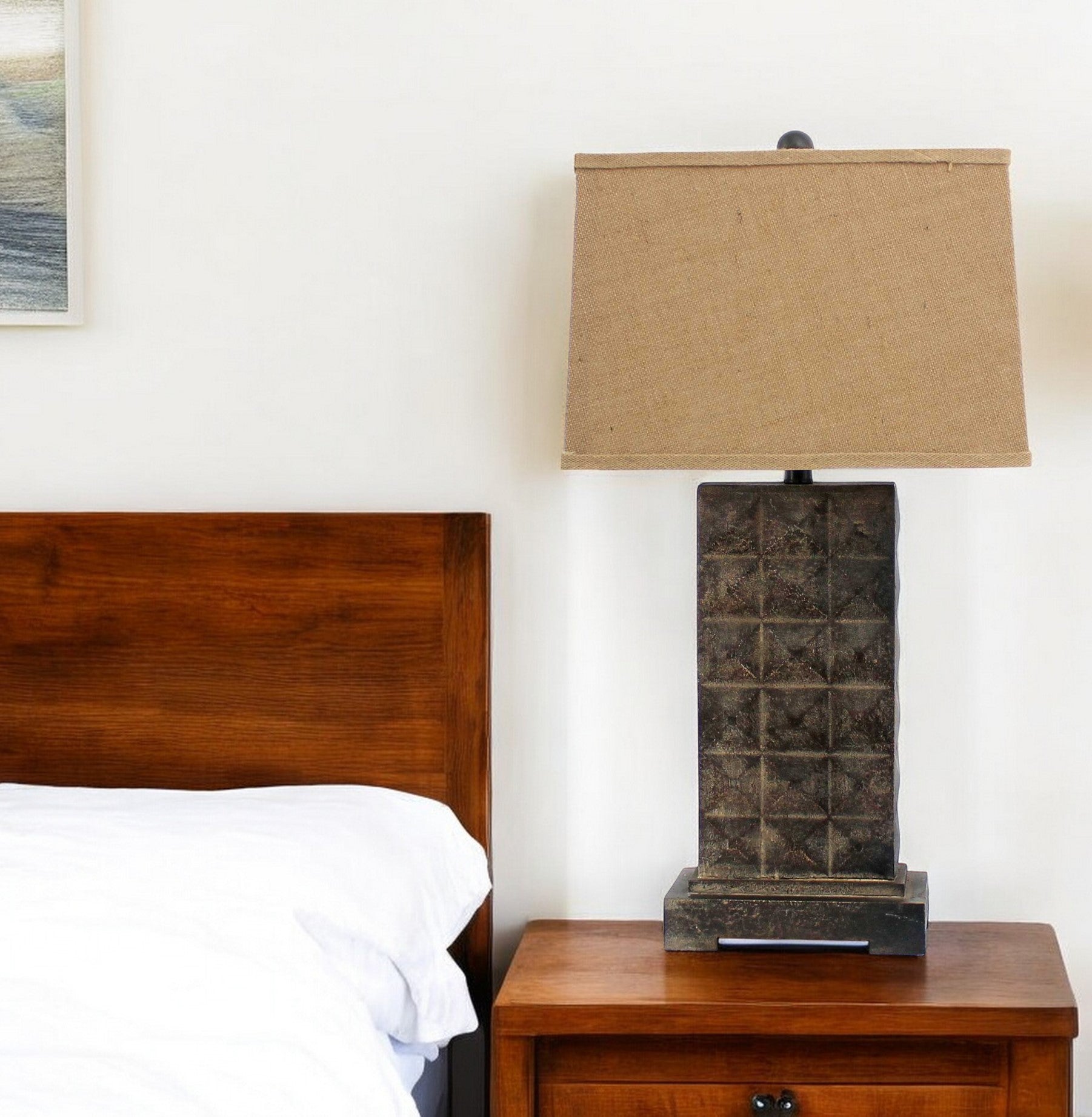 30" Distressed Bronze Metal Bedside Lamp With Khaki Shade-Table Lamps-DECOROLALA