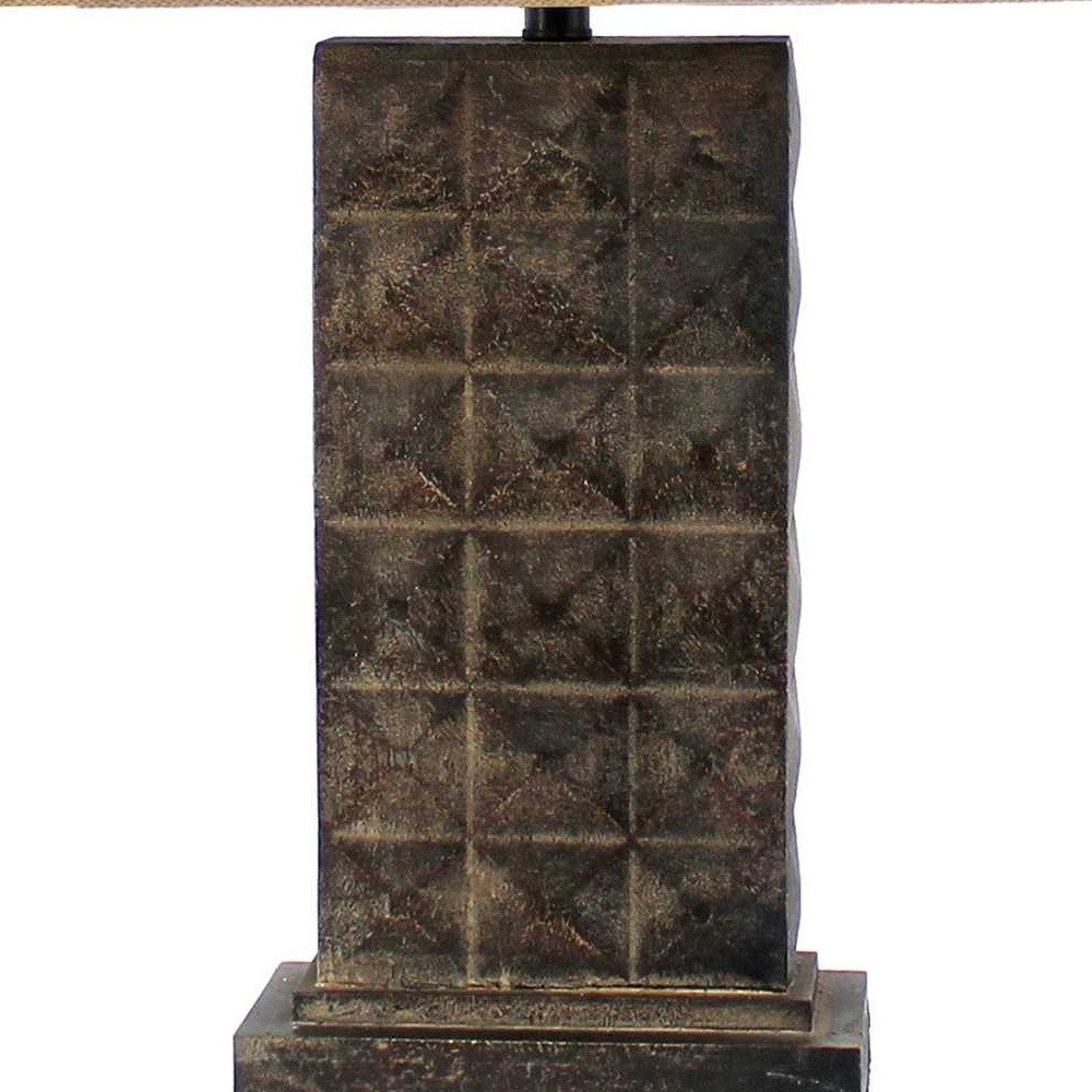 30" Distressed Bronze Metal Bedside Lamp With Khaki Shade-Table Lamps-DECOROLALA