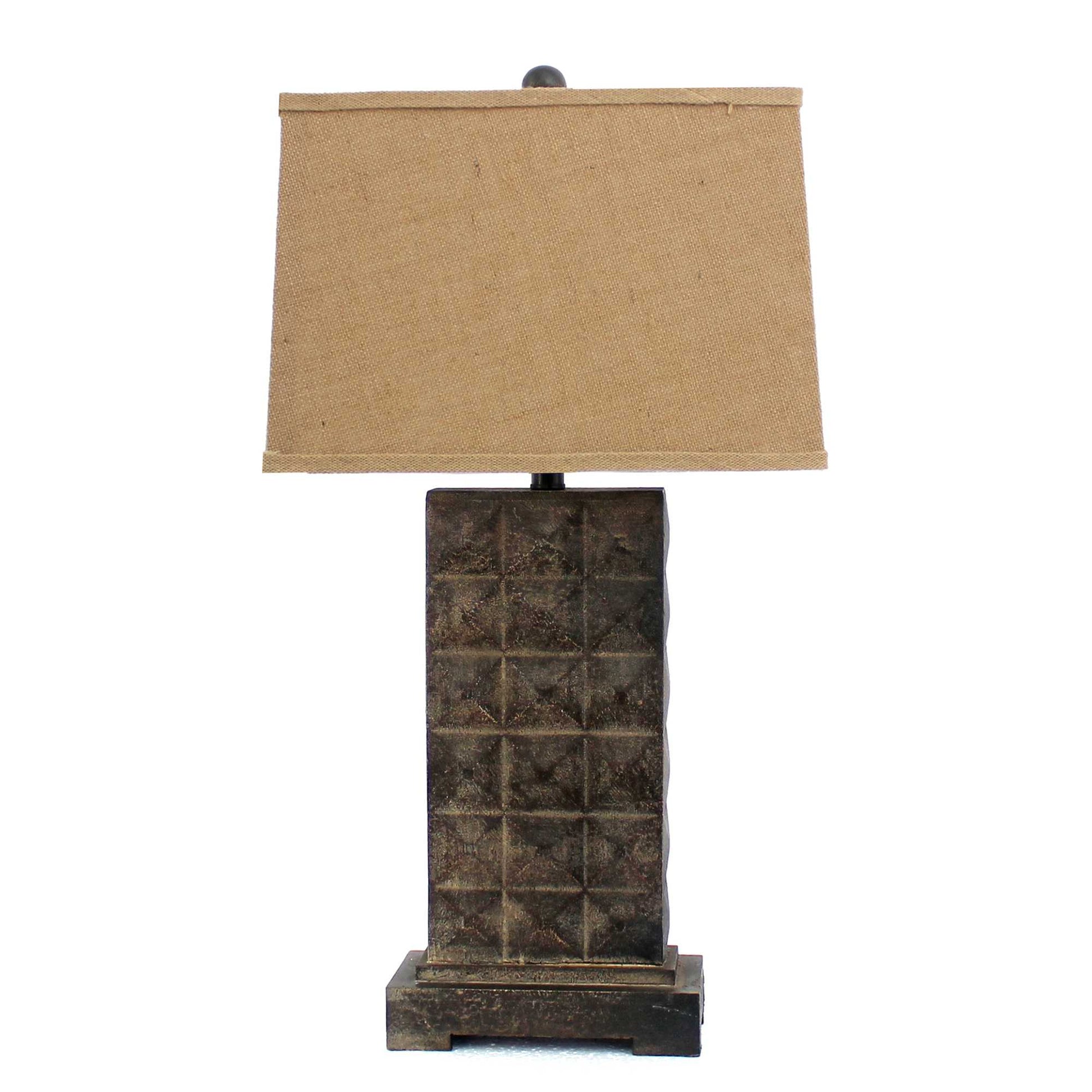 30" Distressed Bronze Metal Bedside Lamp With Khaki Shade-Table Lamps-DECOROLALA