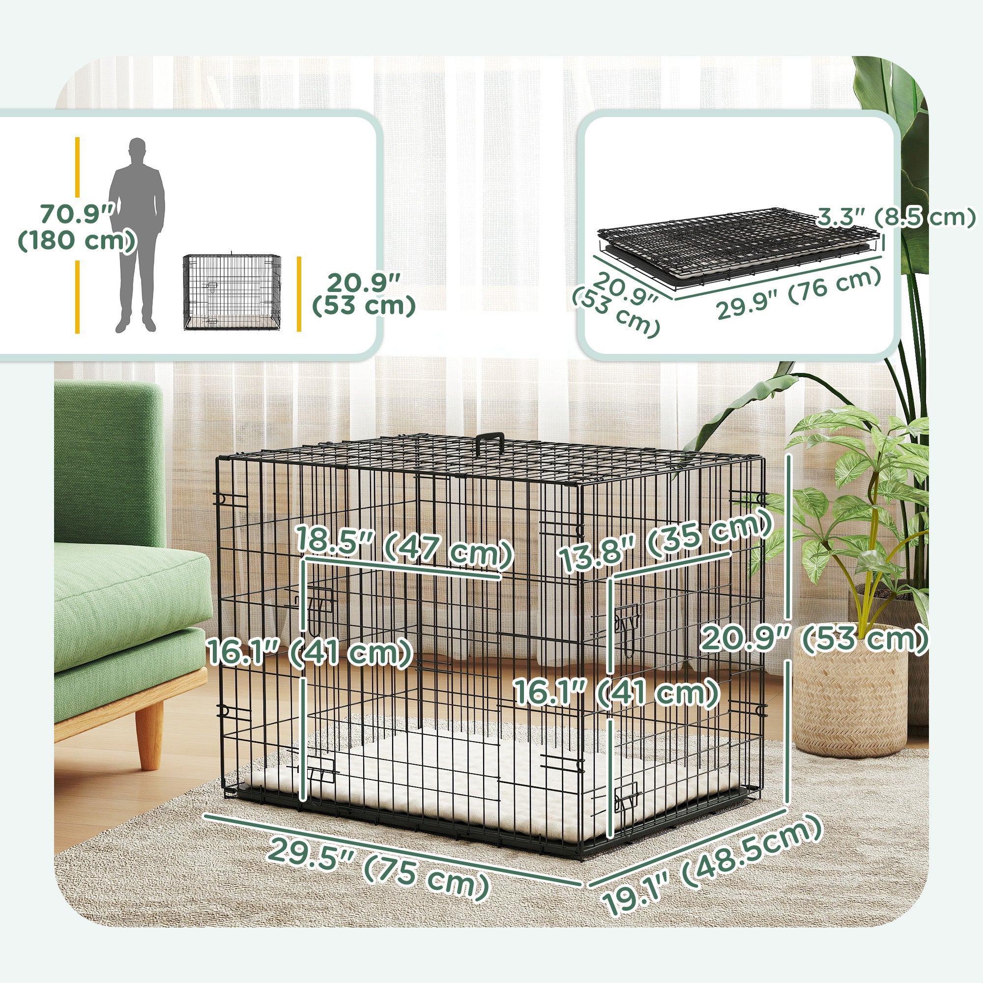 30" Dog Crate with 2 Doors, Folding Metal Dog Cage with Soft Cushion, Removable Tray, Handle, for Small Dogs, Black-Dogs-DECOROLALA