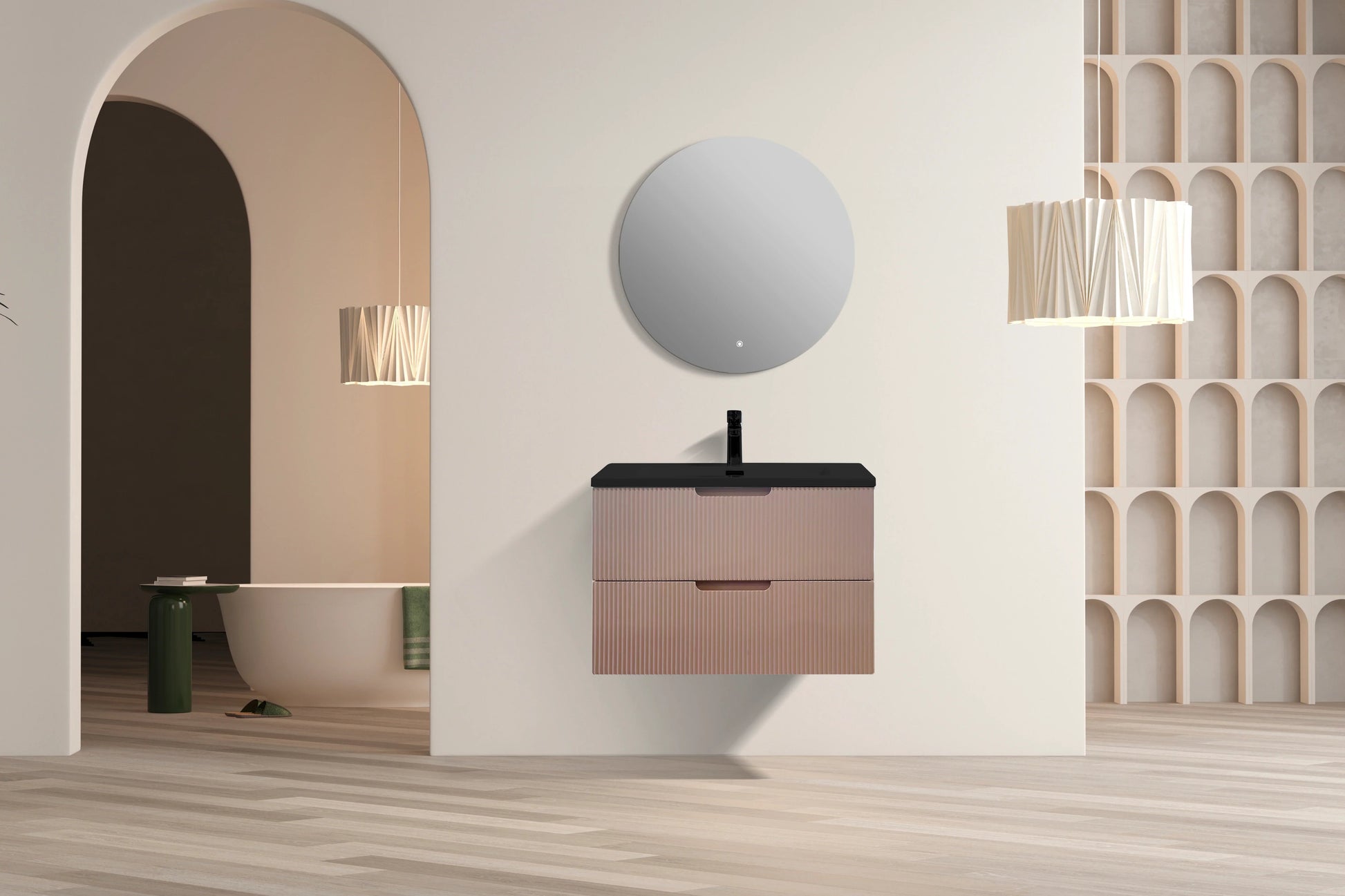 30" Dusty Rose Wall Mount Bathroom Vanity with Black Engineered Quartz Countertop-Migration_Bathroom Vanities-DECOROLALA