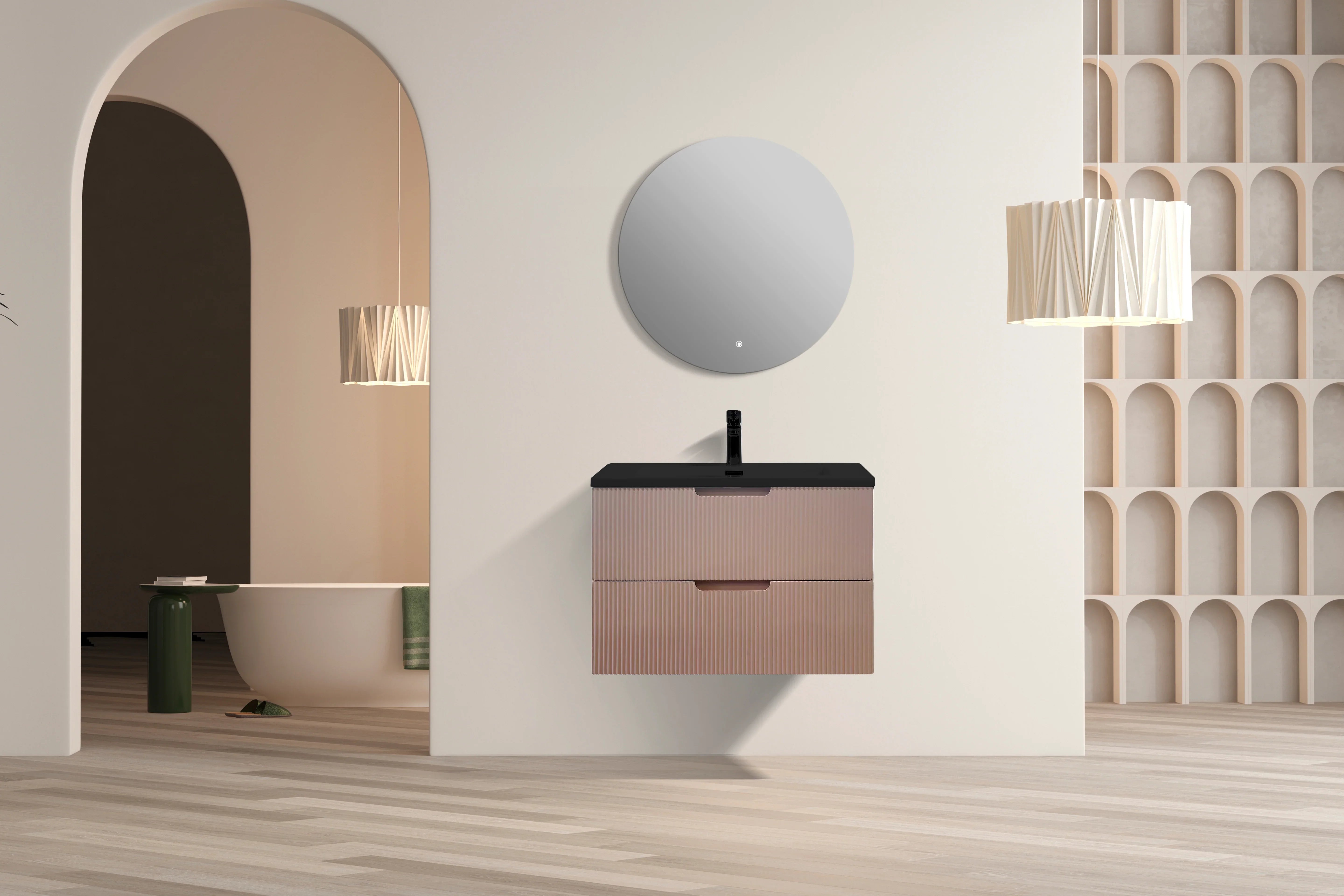 30" Dusty Rose Wall Mount Bathroom Vanity with Black Engineered Quartz Countertop-Migration_Bathroom Vanities-DECOROLALA