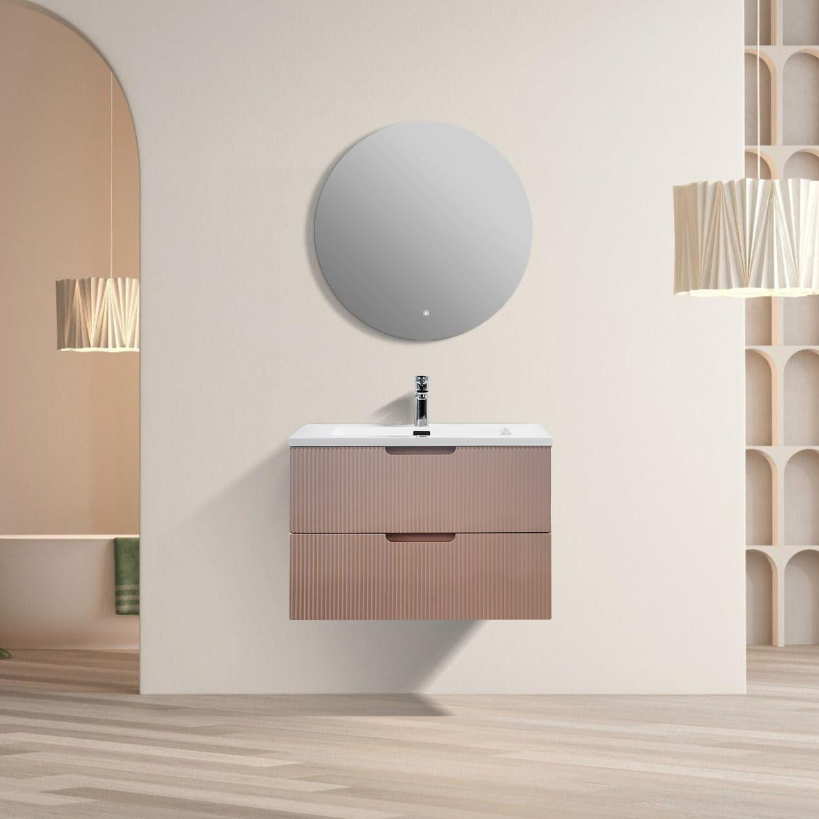 30" Dusty Rose Wall Mount Bathroom Vanity with White Polymarble Countertop-Migration_Bathroom Vanities-DECOROLALA