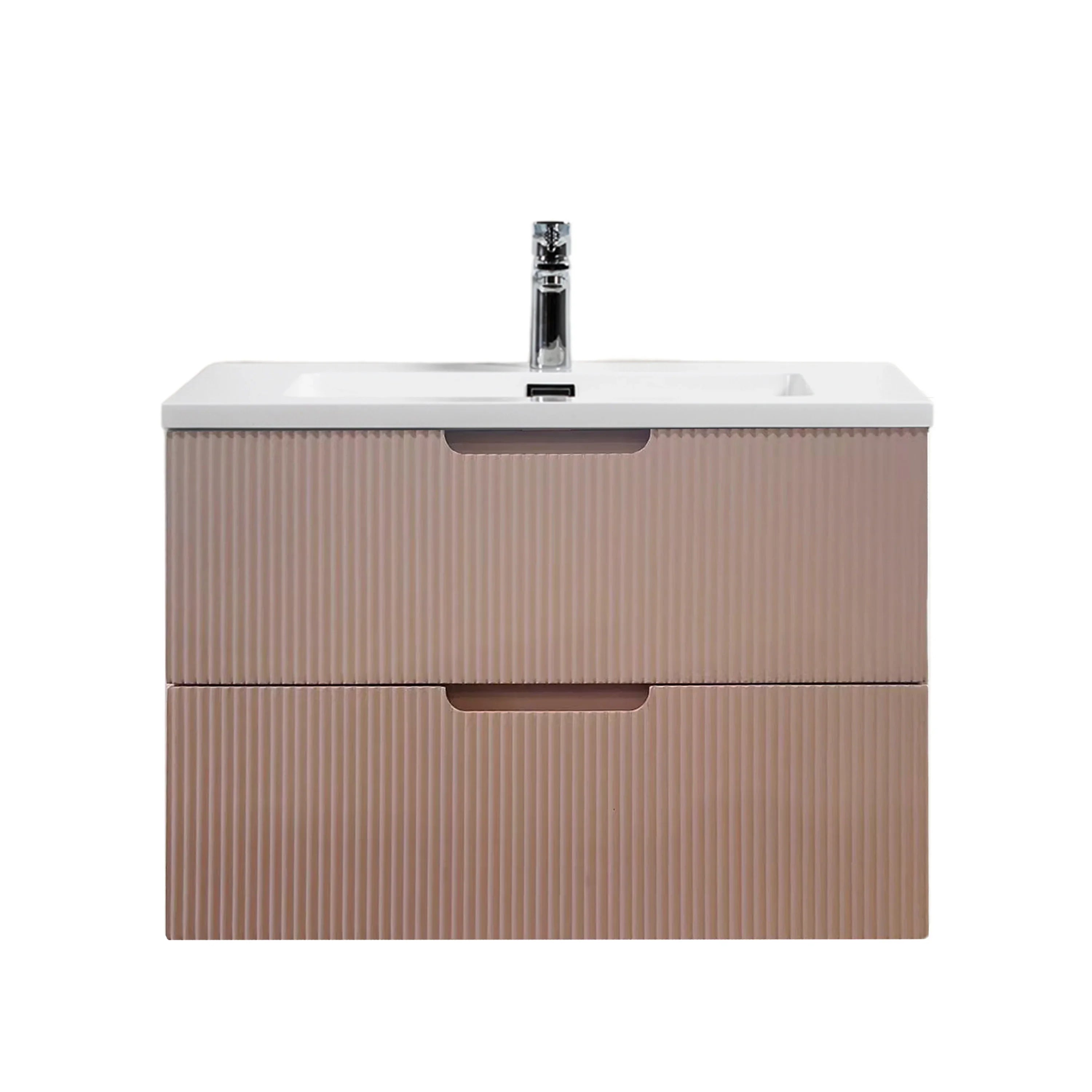 30" Dusty Rose Wall Mount Bathroom Vanity with White Polymarble Countertop-Migration_Bathroom Vanities-DECOROLALA