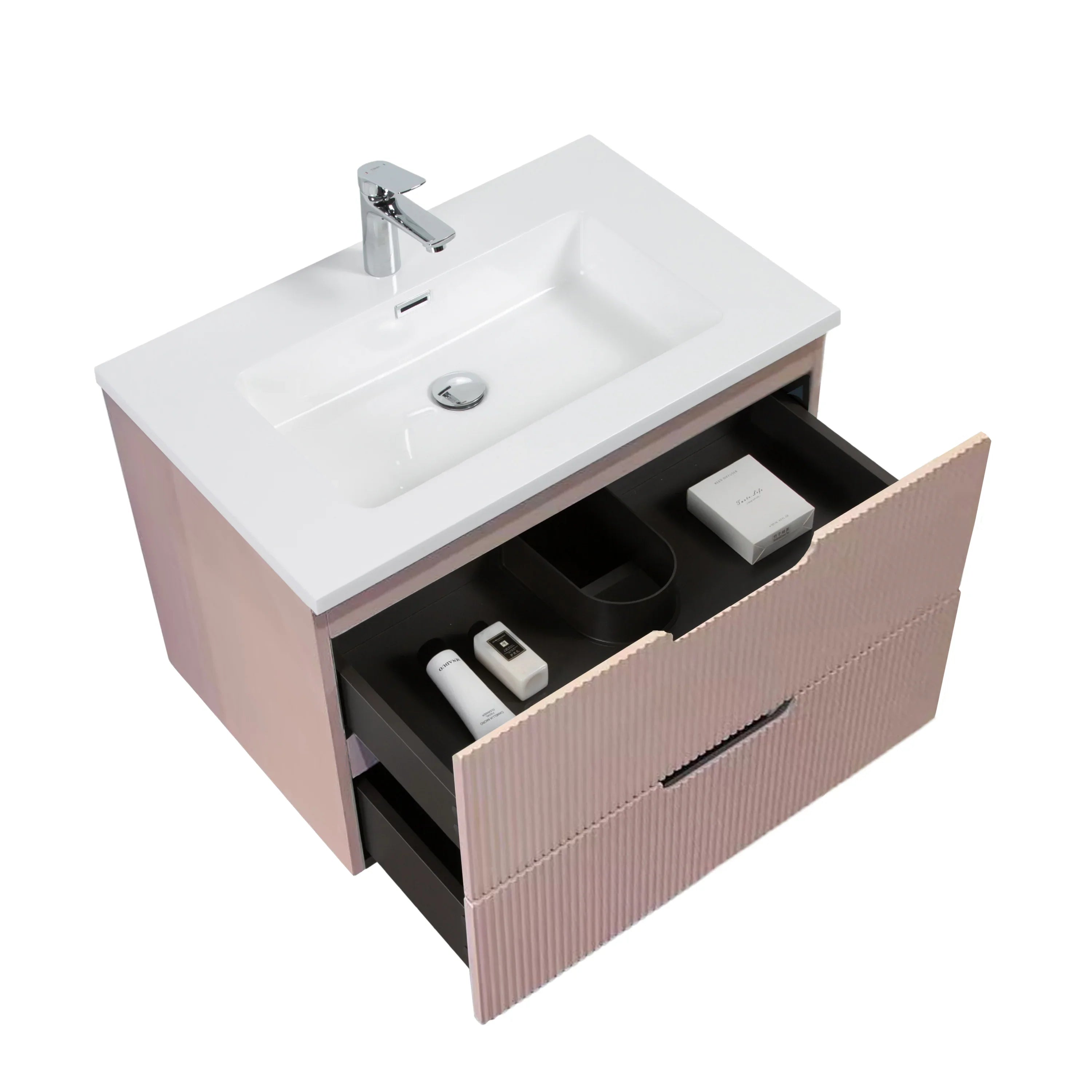 30" Dusty Rose Wall Mount Bathroom Vanity with White Polymarble Countertop-Migration_Bathroom Vanities-DECOROLALA