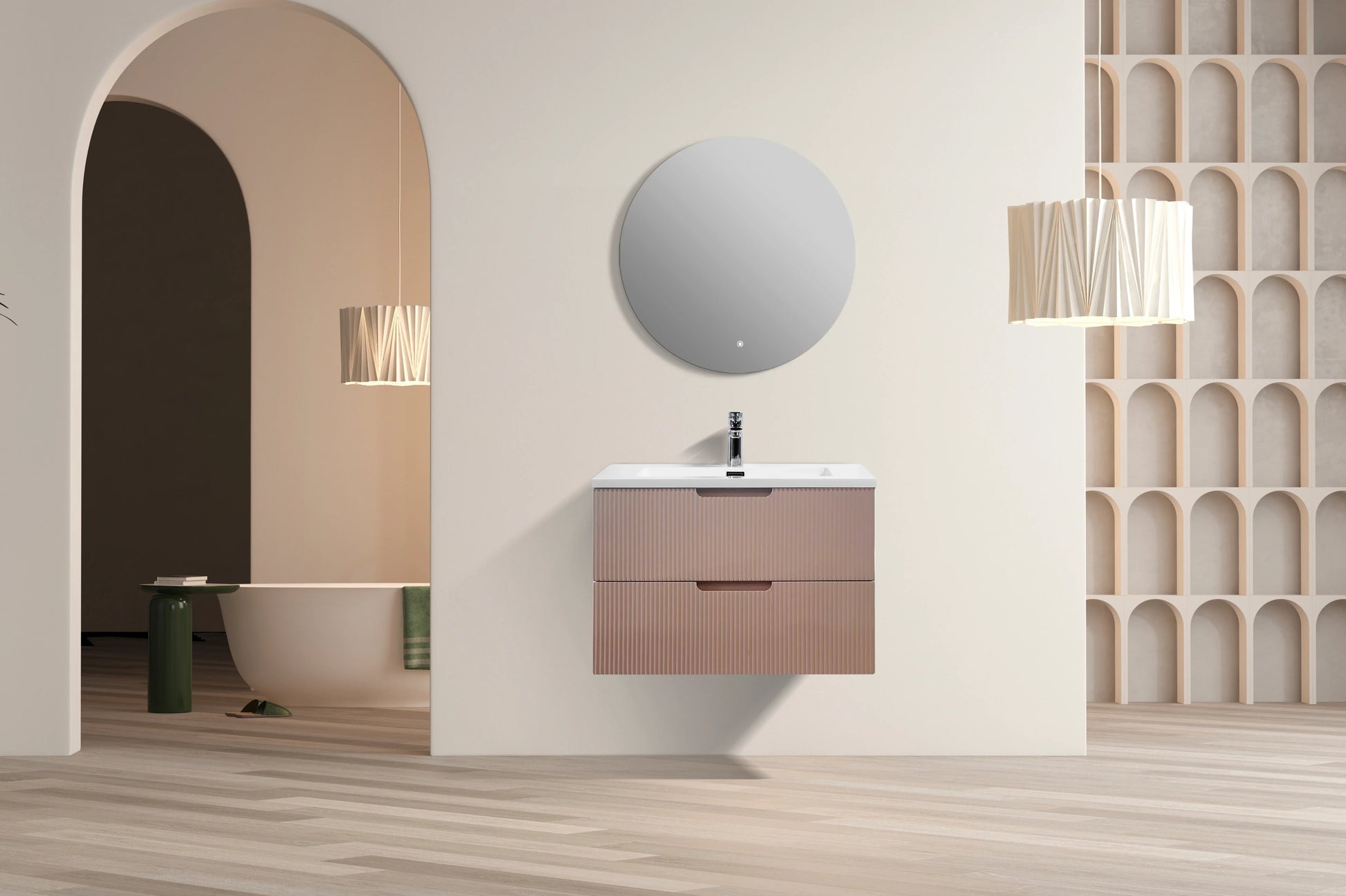 30" Dusty Rose Wall Mount Bathroom Vanity with White Polymarble Countertop-Migration_Bathroom Vanities-DECOROLALA