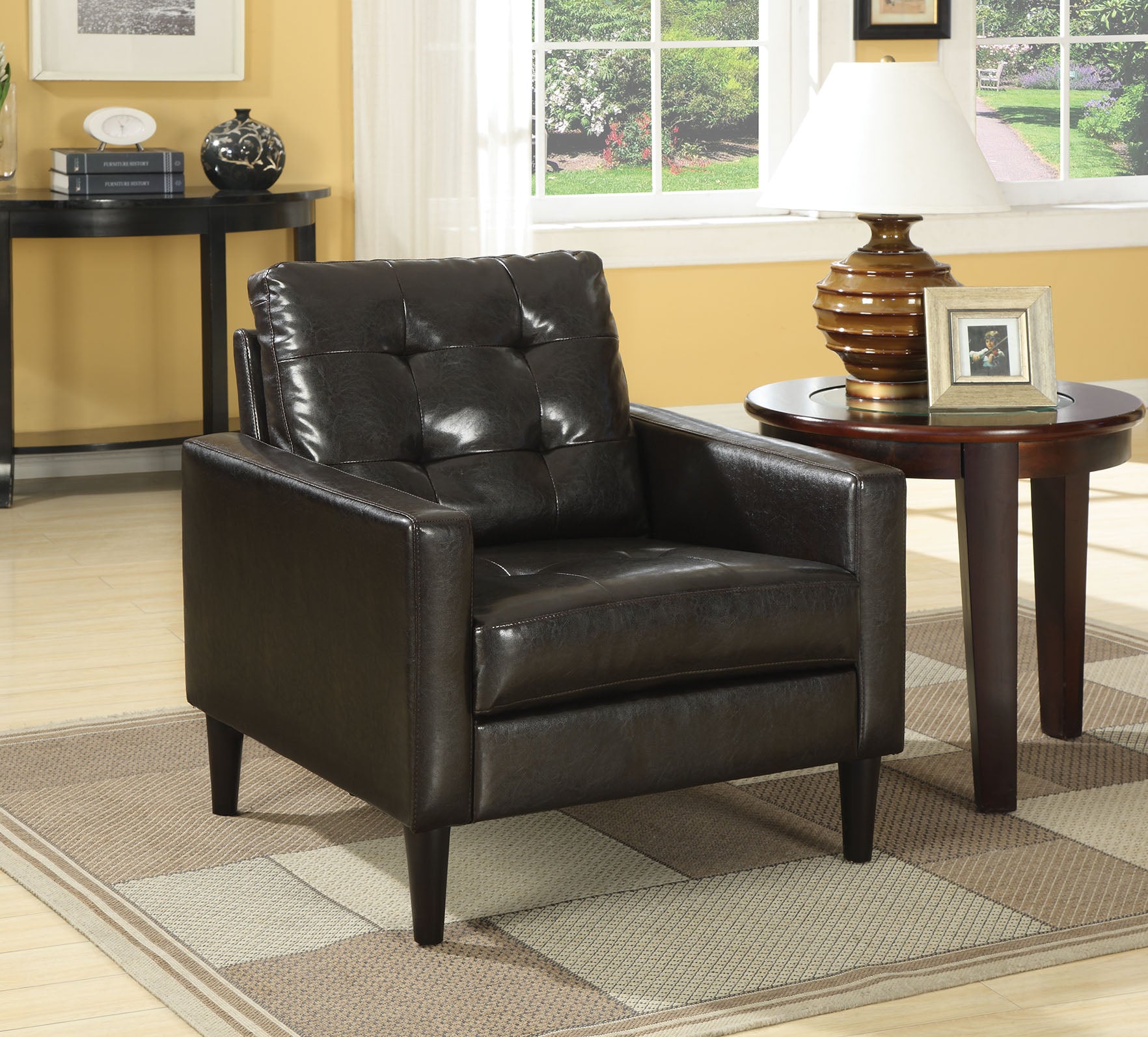 30" Espresso and Black Faux Leather Arm Chair And Toss Pillow-Accent Chairs-DECOROLALA