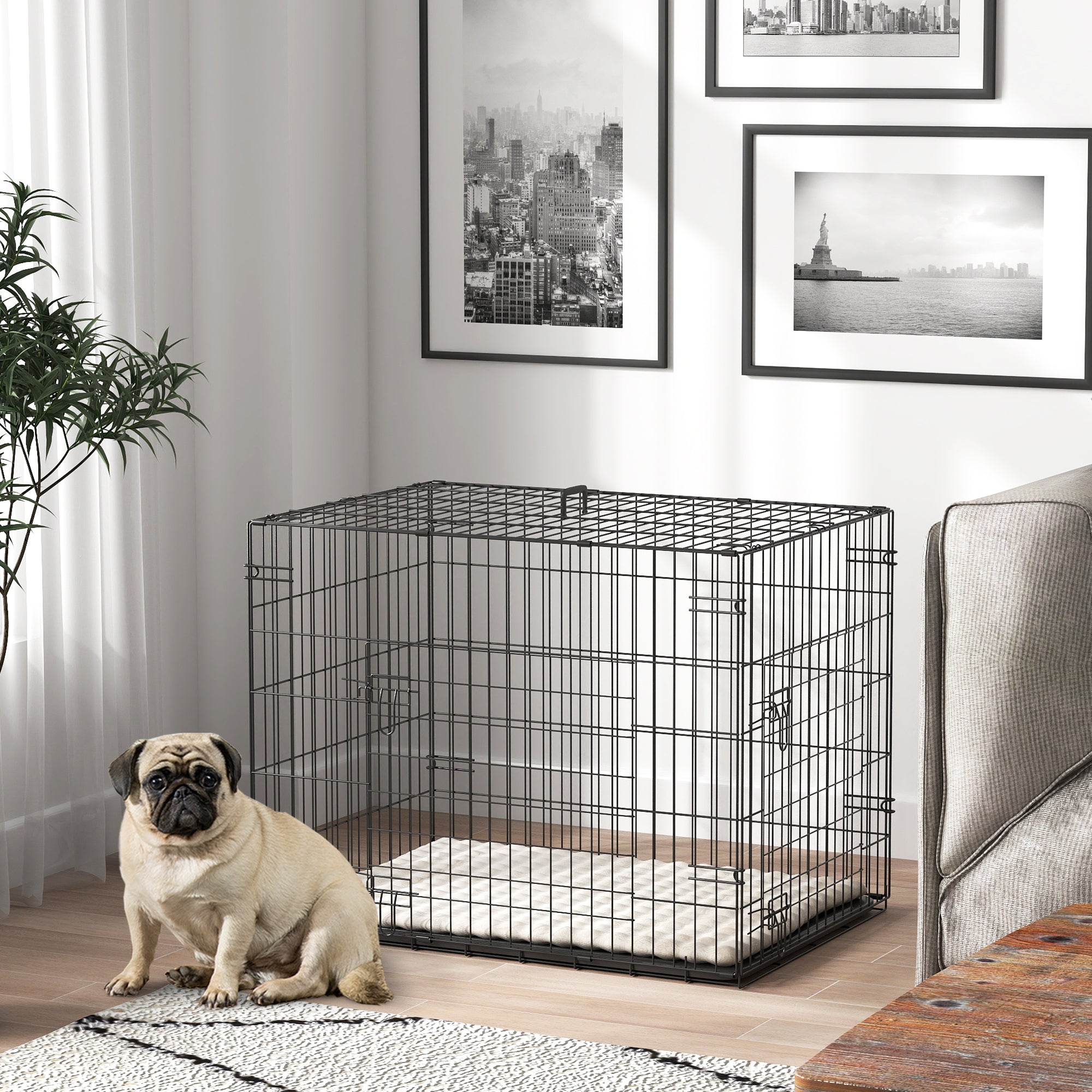 30" Folding Metal Dog Crate - 2 Doors with Cushion Black-Dogs-DECOROLALA