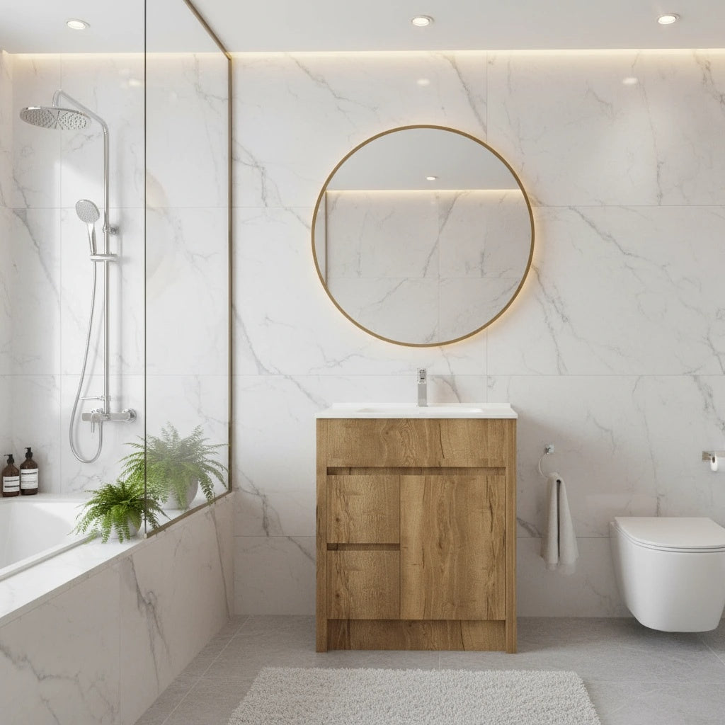 30" Frosted Oak Freestanding Bathroom Vanity with White Ceramic Countertop-Migration_Bathroom Vanities-DECOROLALA