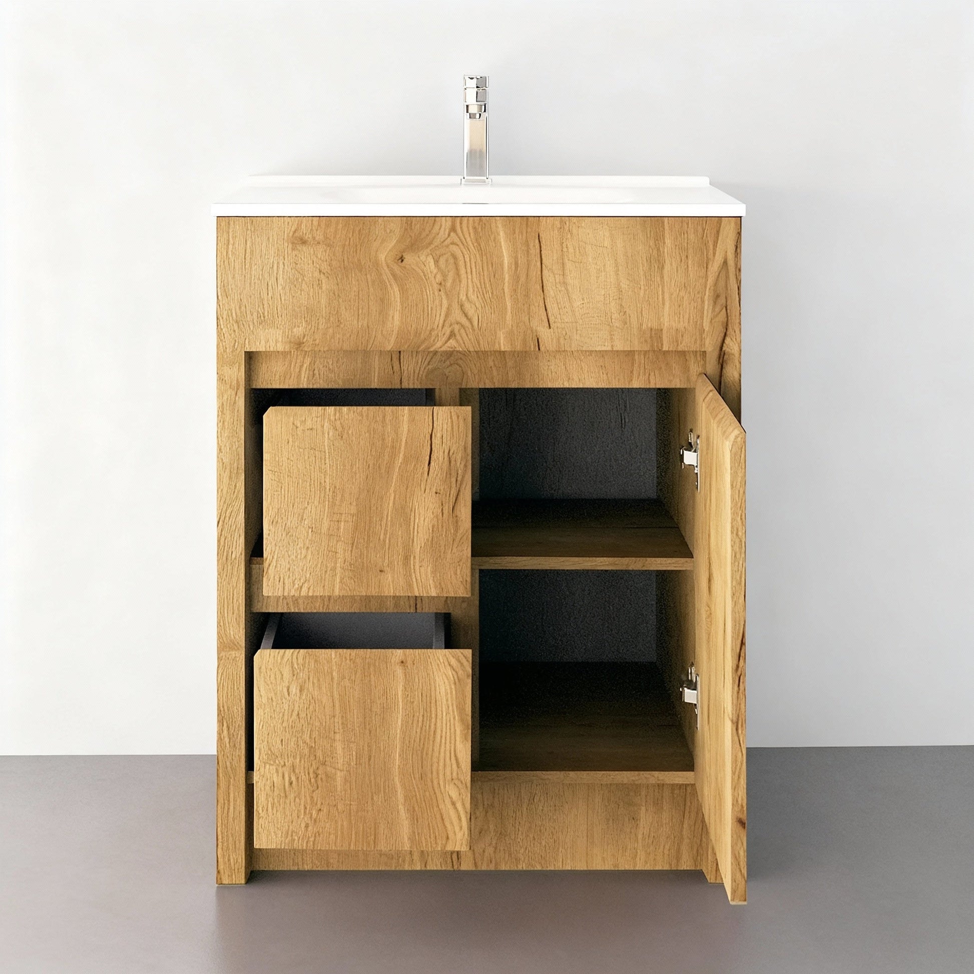 30" Frosted Oak Freestanding Bathroom Vanity with White Ceramic Countertop-Migration_Bathroom Vanities-DECOROLALA