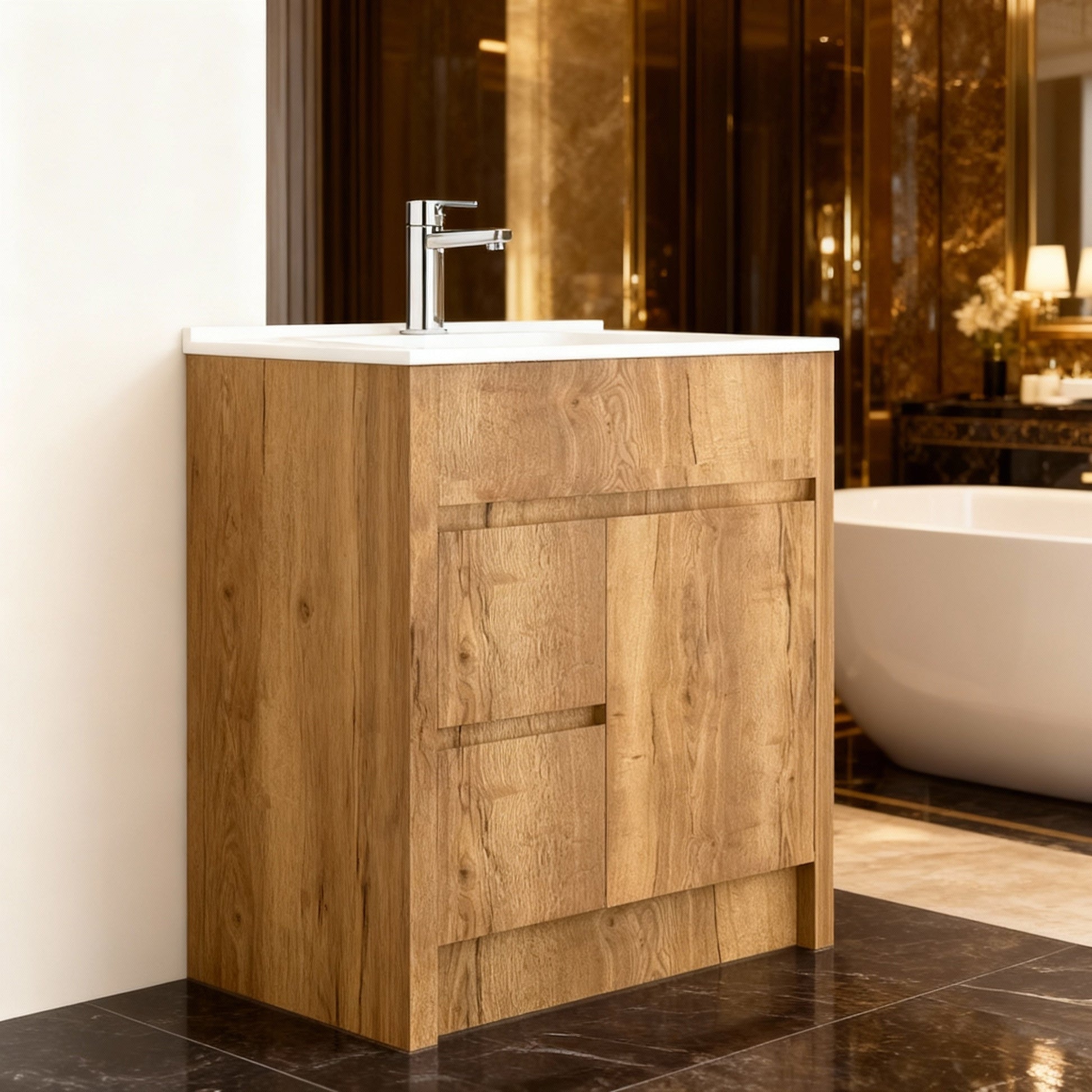 30" Frosted Oak Freestanding Bathroom Vanity with White Ceramic Countertop-Migration_Bathroom Vanities-DECOROLALA