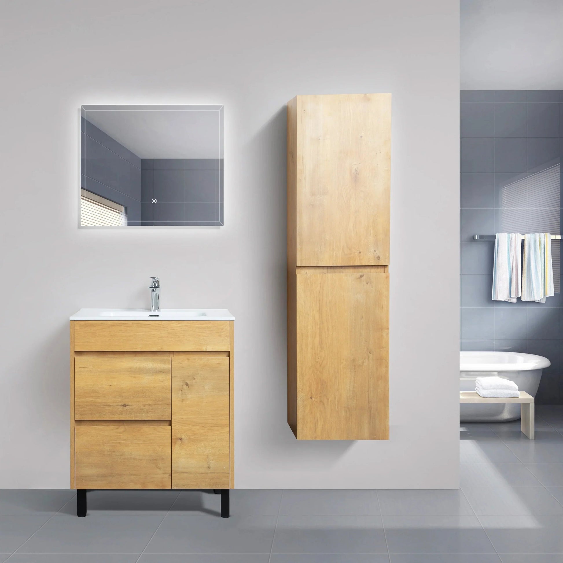 30" Frosted Oak Freestanding Bathroom Vanity with White Ceramic Countertop-Migration_Bathroom Vanities-DECOROLALA