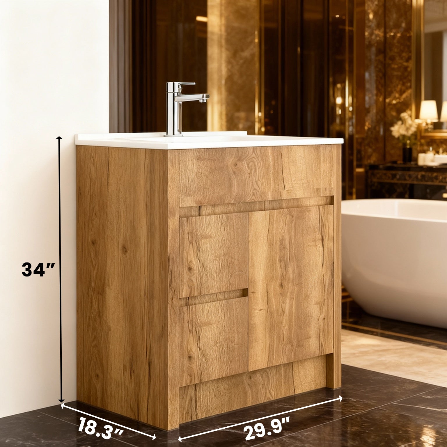 30" Frosted Oak Freestanding Bathroom Vanity with White Ceramic Countertop-Migration_Bathroom Vanities-DECOROLALA