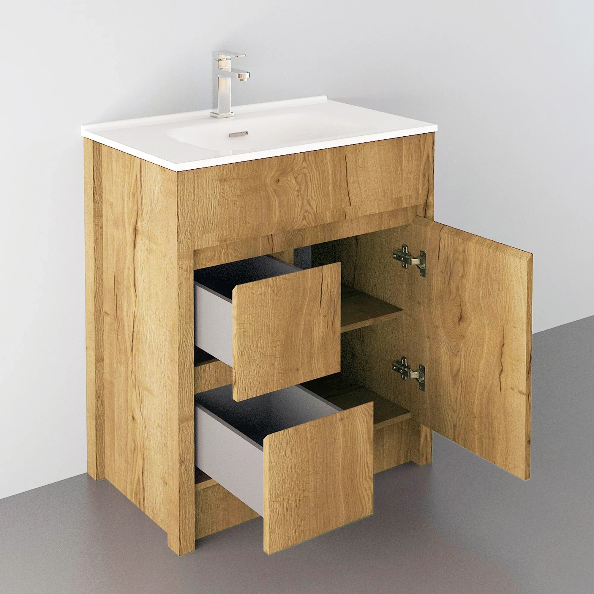30" Frosted Oak Freestanding Bathroom Vanity with White Ceramic Countertop-Migration_Bathroom Vanities-DECOROLALA