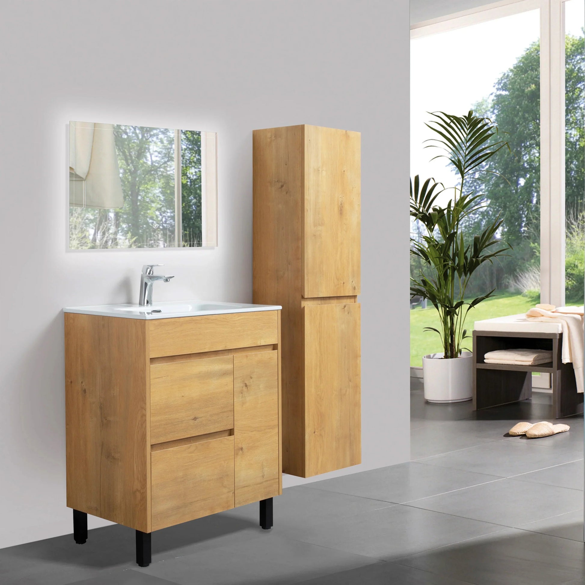 30" Frosted Oak Freestanding Bathroom Vanity with White Ceramic Countertop-Migration_Bathroom Vanities-DECOROLALA