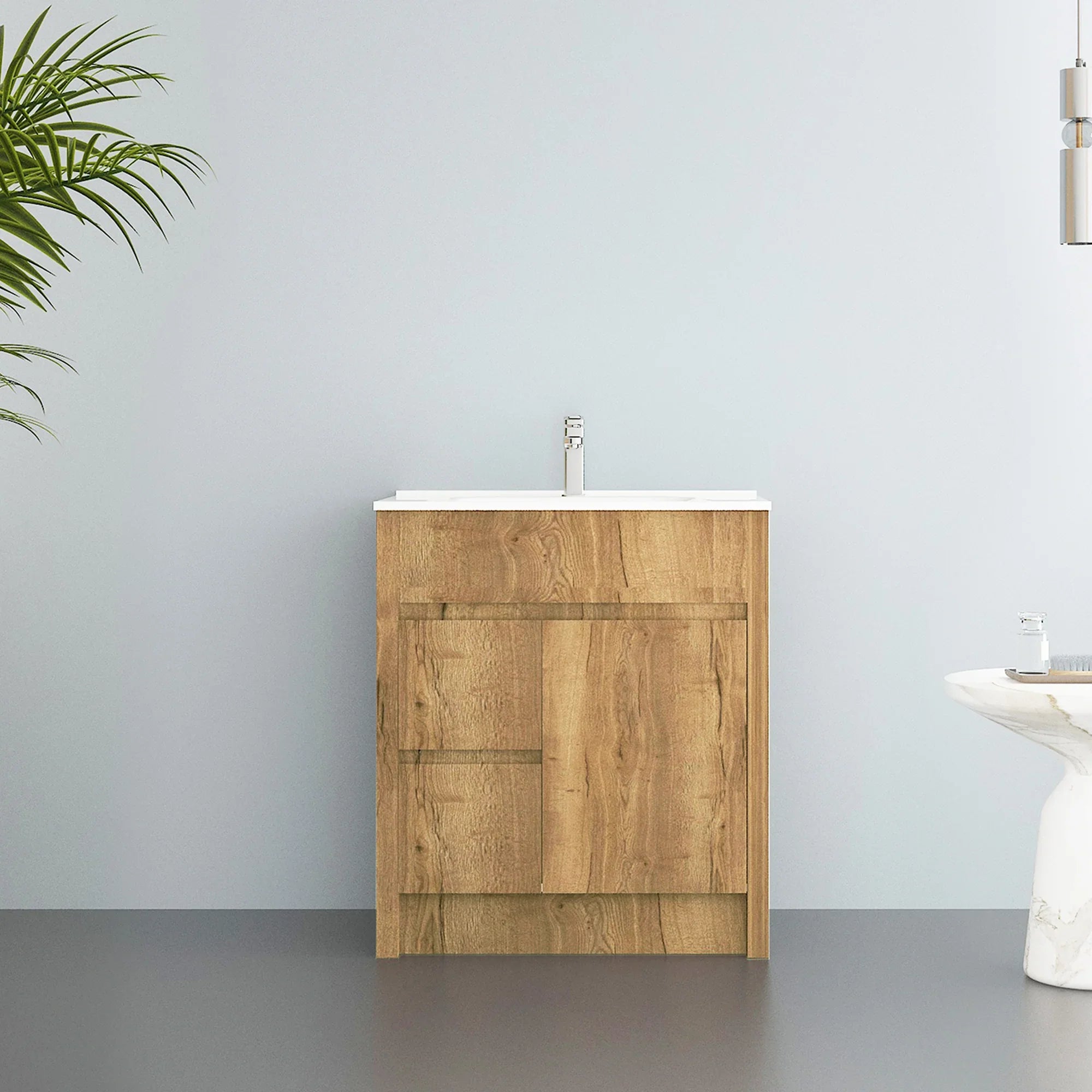 30" Frosted Oak Freestanding Bathroom Vanity with White Ceramic Countertop-Migration_Bathroom Vanities-DECOROLALA