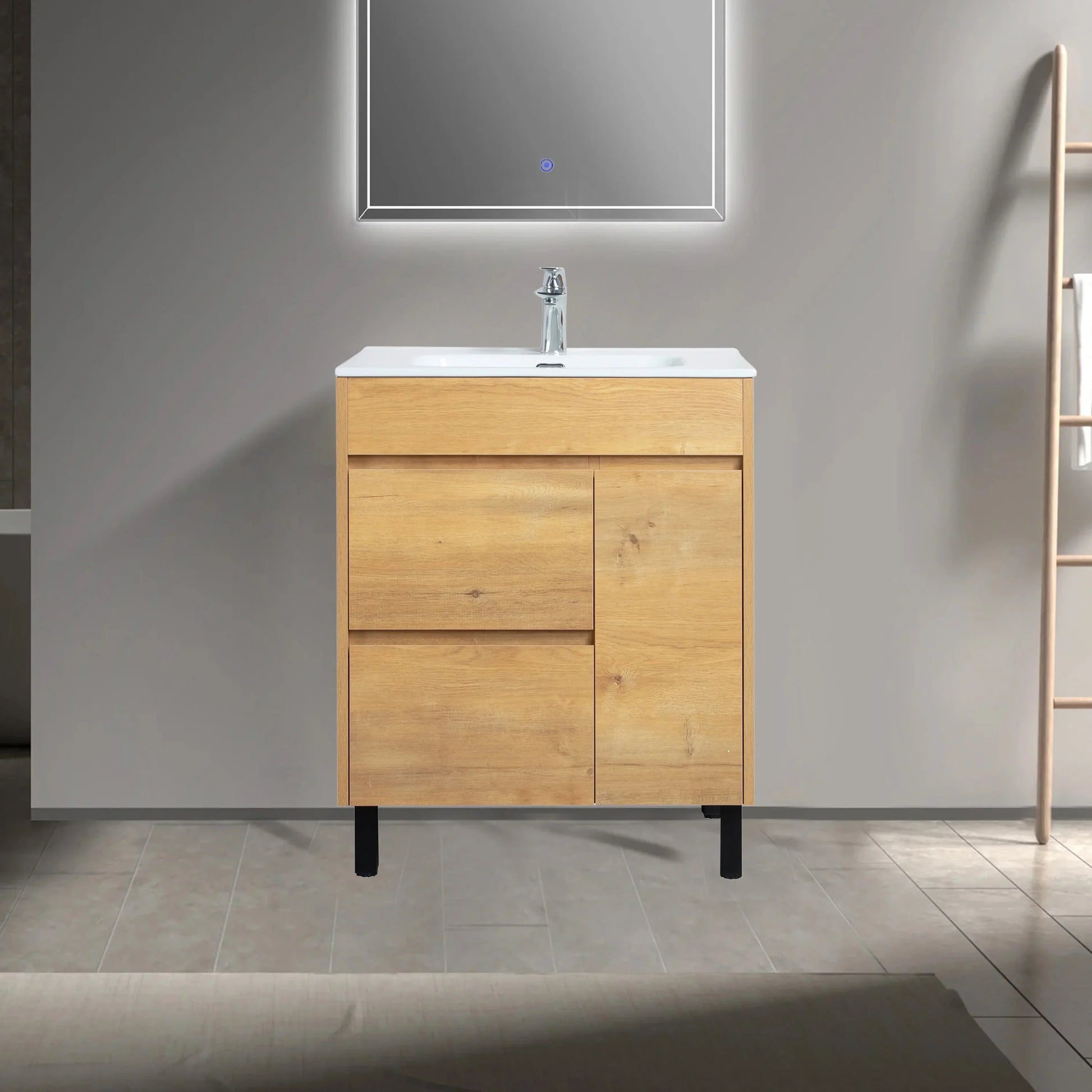 30" Frosted Oak Freestanding Bathroom Vanity with White Ceramic Countertop-Migration_Bathroom Vanities-DECOROLALA