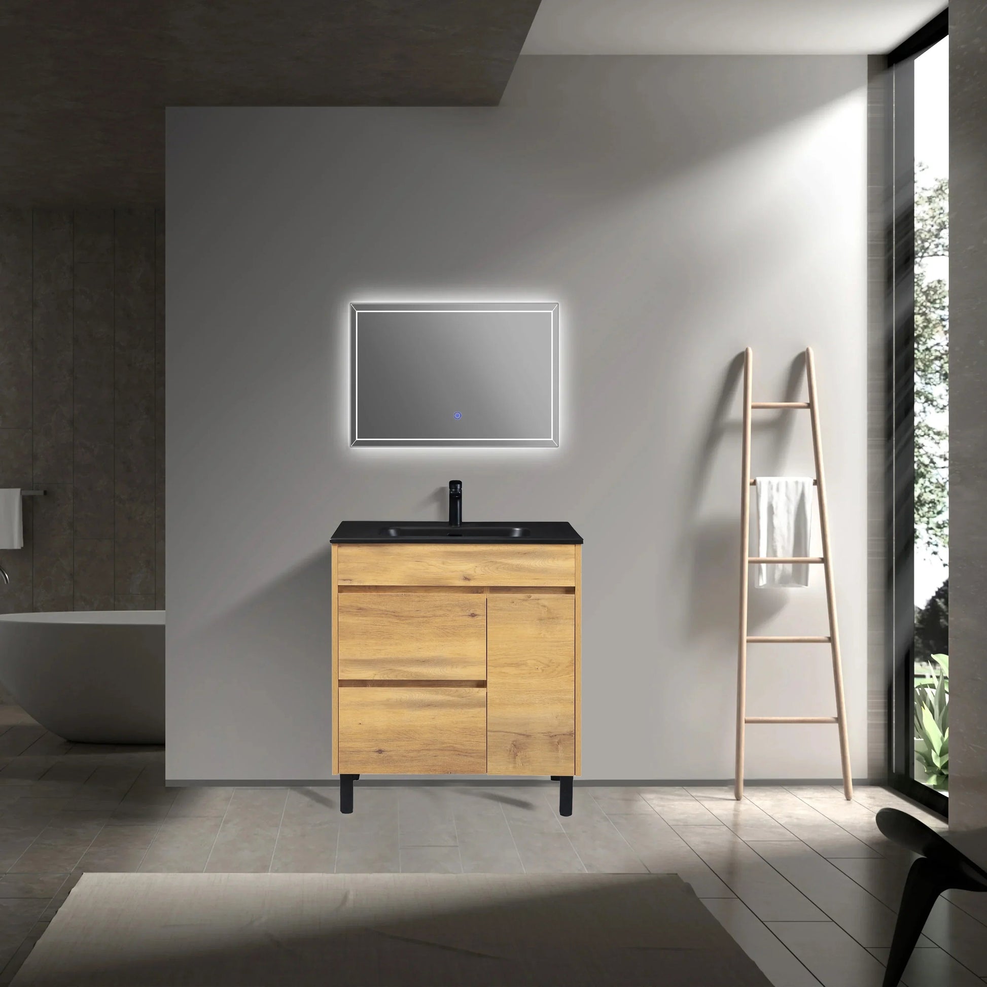 30" Frosted Oak Freestanding Single Sink Bathroom Vanity with Black Ceramic Countertop-Migration_Bathroom Vanities-DECOROLALA
