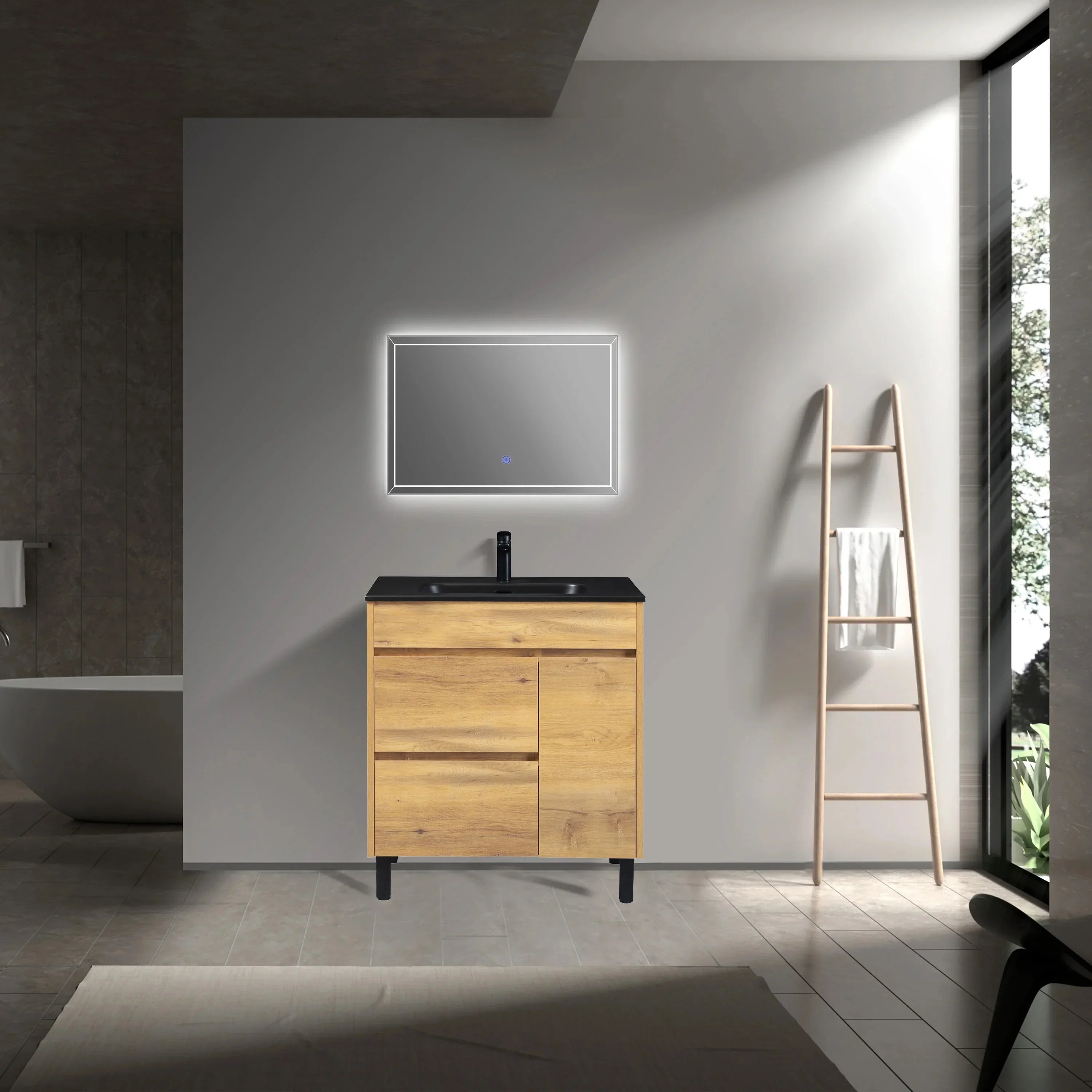 30" Frosted Oak Freestanding Single Sink Bathroom Vanity with Black Ceramic Countertop-Migration_Bathroom Vanities-DECOROLALA