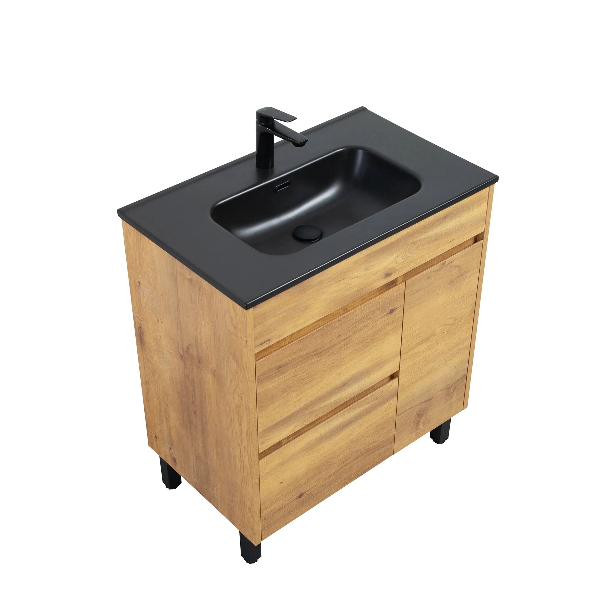 30" Frosted Oak Freestanding Single Sink Bathroom Vanity with Black Ceramic Countertop-Migration_Bathroom Vanities-DECOROLALA