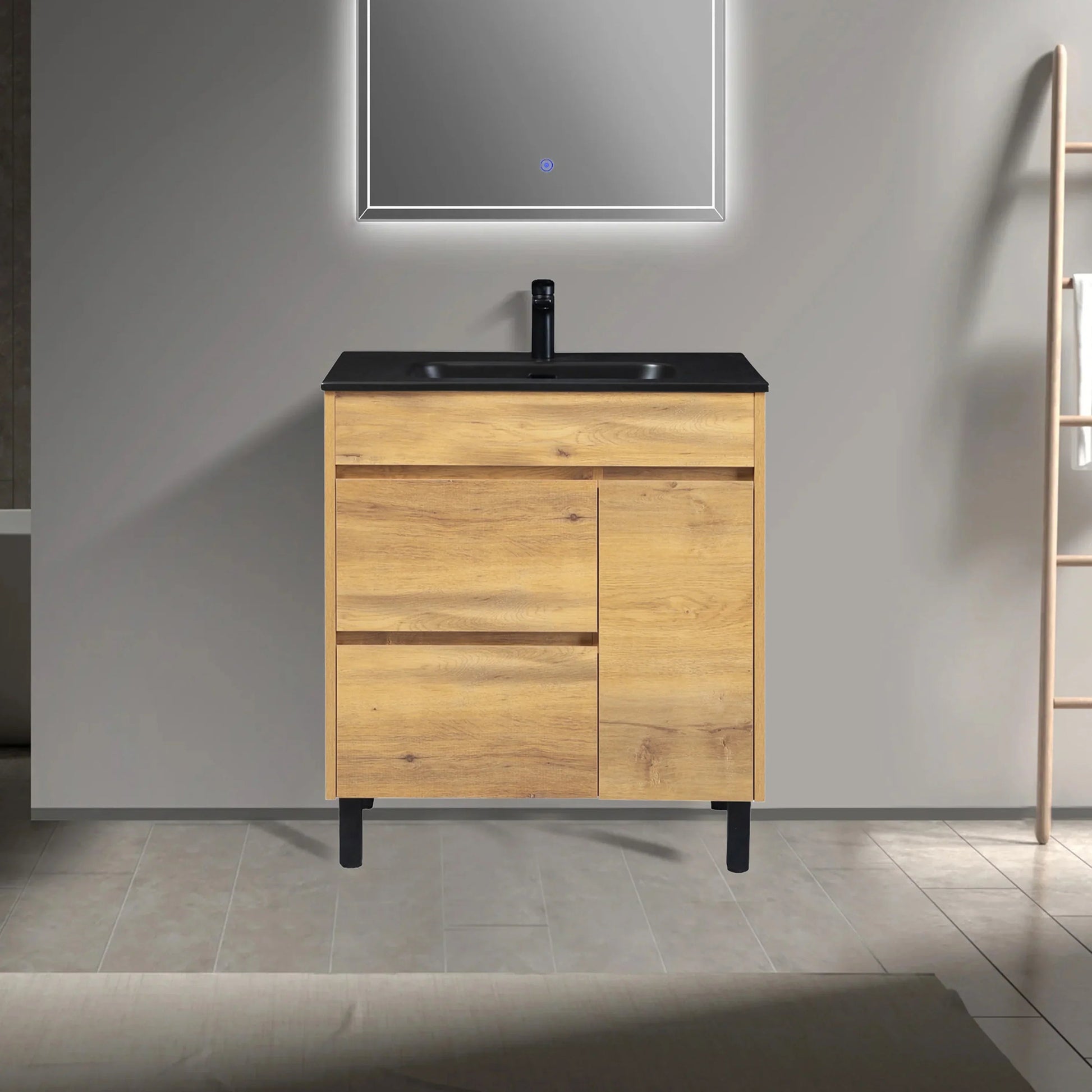 30" Frosted Oak Freestanding Single Sink Bathroom Vanity with Black Ceramic Countertop-Migration_Bathroom Vanities-DECOROLALA