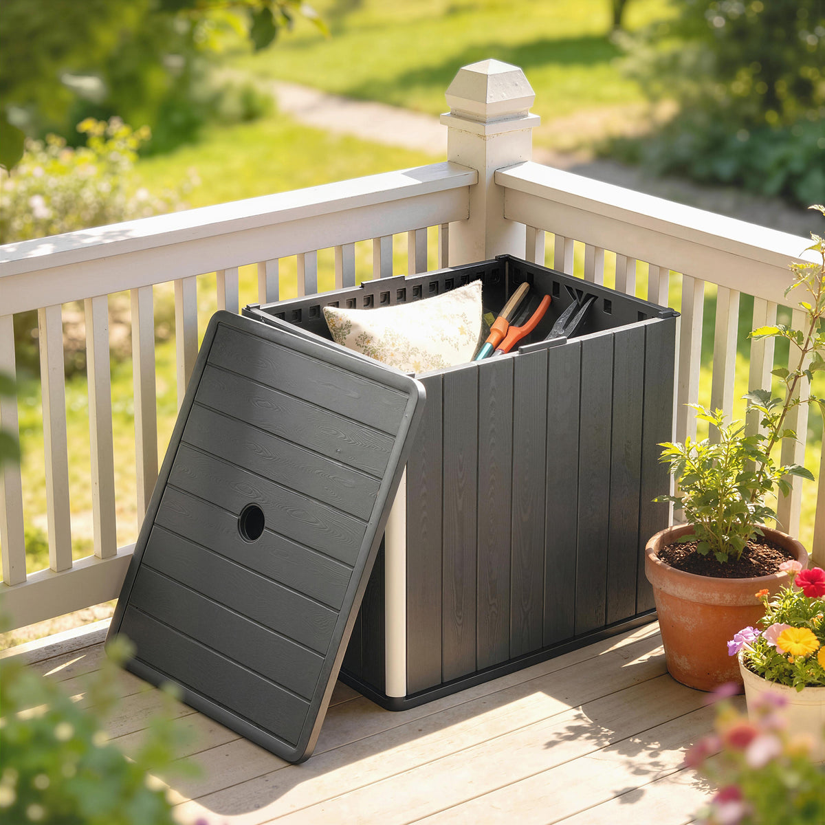 30 Gallon Outdoor Storage Box & Side Table with Umbrella Holder-Patio & Garden > Patio Furniture > Deck Box & Outdoor Storage-DECOROLALA