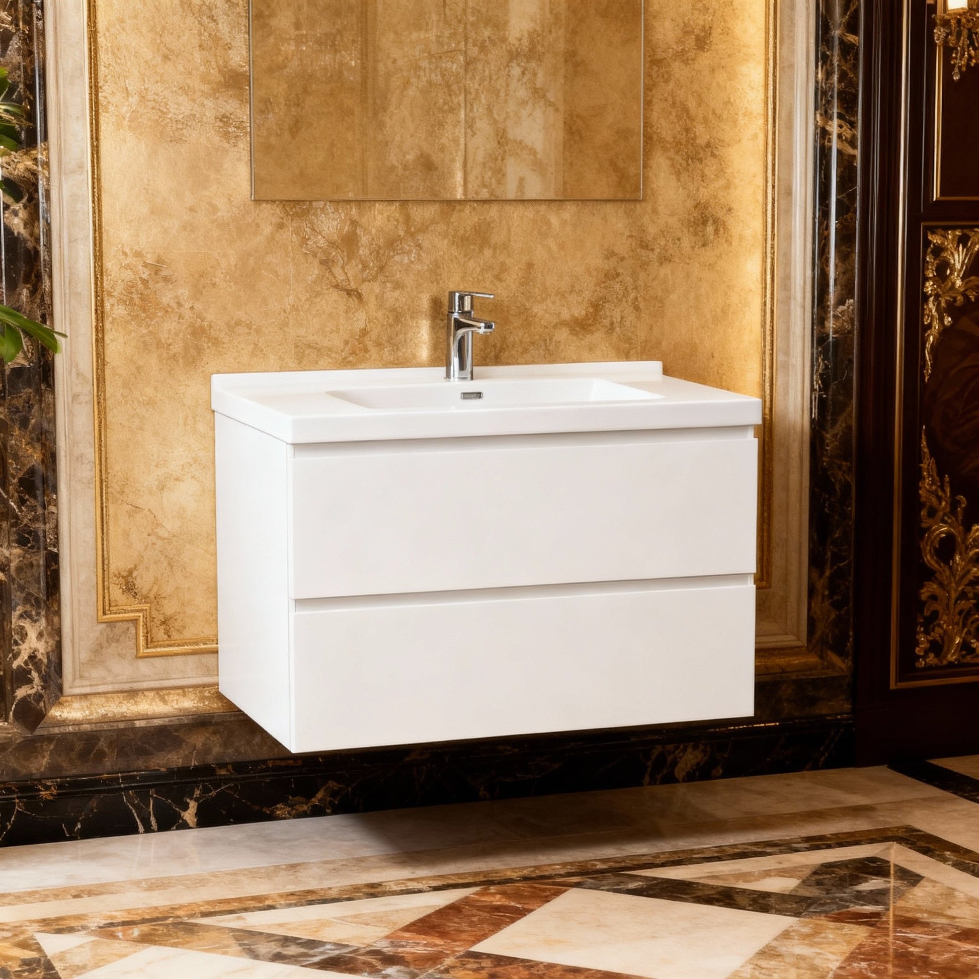 30" Glossy White Wall Mount Bathroom Vanity with White Polymarble Countertop-Migration_Bathroom Vanities-DECOROLALA