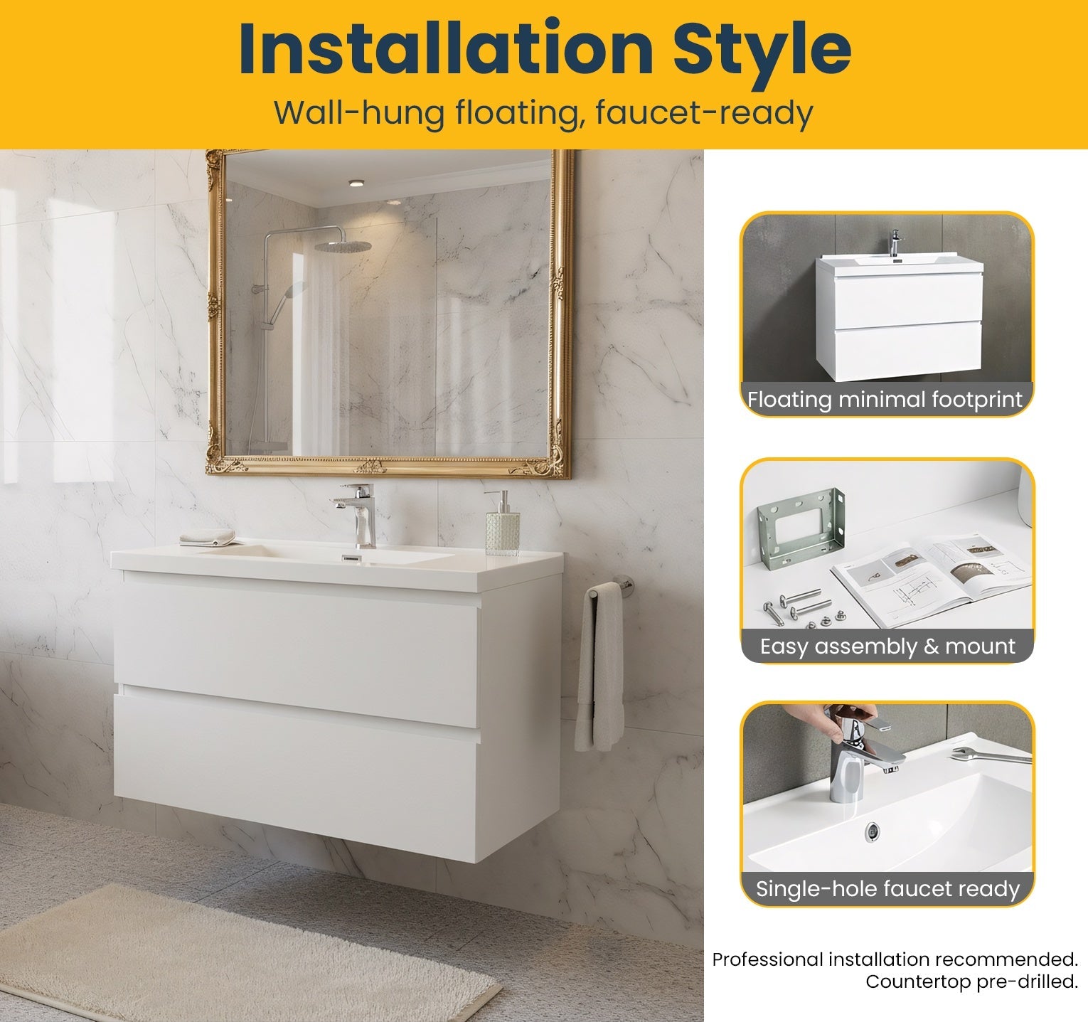 30" Glossy White Wall Mount Bathroom Vanity with White Polymarble Countertop-Migration_Bathroom Vanities-DECOROLALA