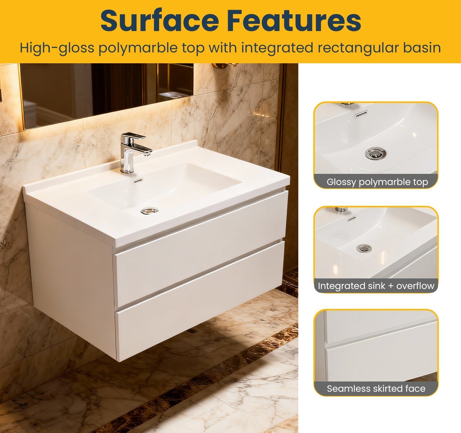 30" Glossy White Wall Mount Bathroom Vanity with White Polymarble Countertop-Migration_Bathroom Vanities-DECOROLALA