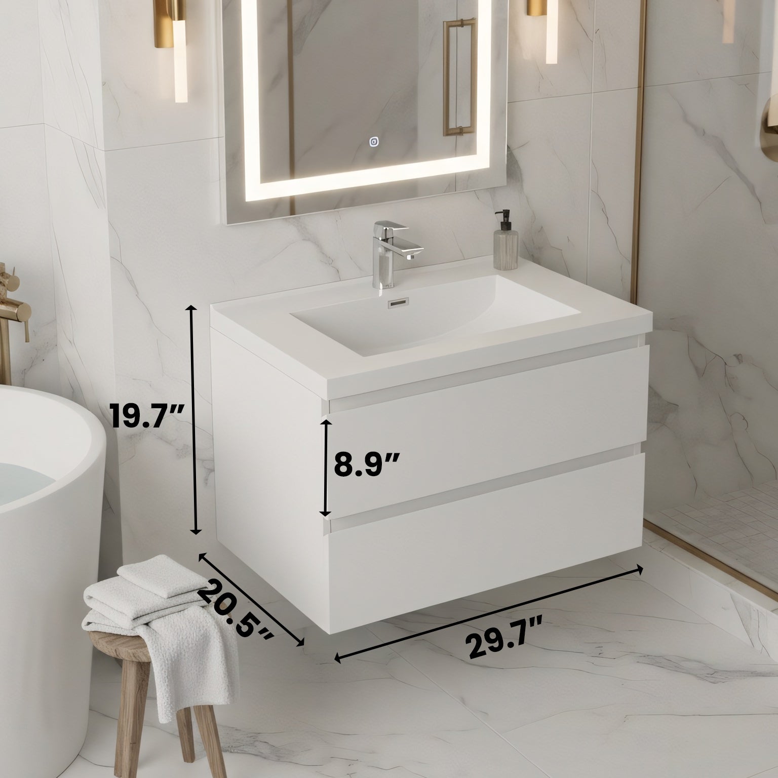 30" Glossy White Wall Mount Bathroom Vanity with White Polymarble Countertop-Migration_Bathroom Vanities-DECOROLALA