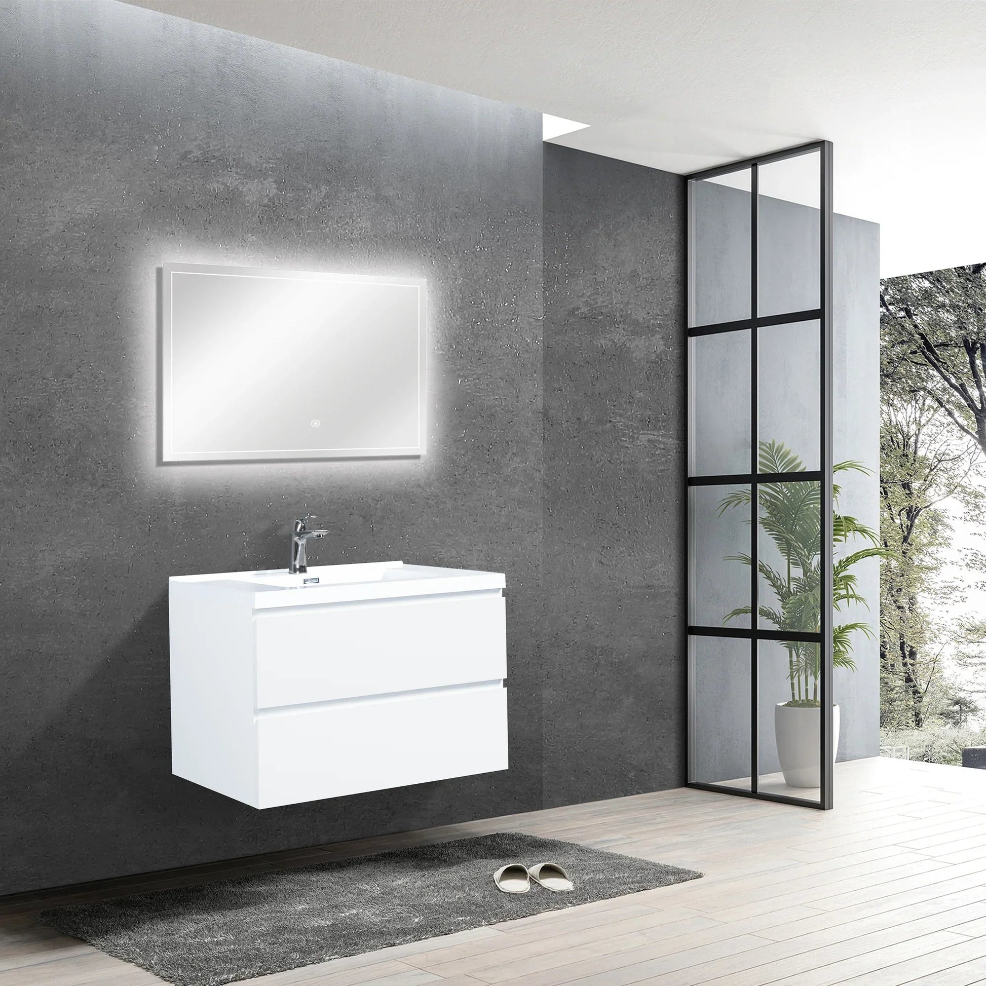 30" Glossy White Wall Mount Bathroom Vanity with White Polymarble Countertop-Migration_Bathroom Vanities-DECOROLALA