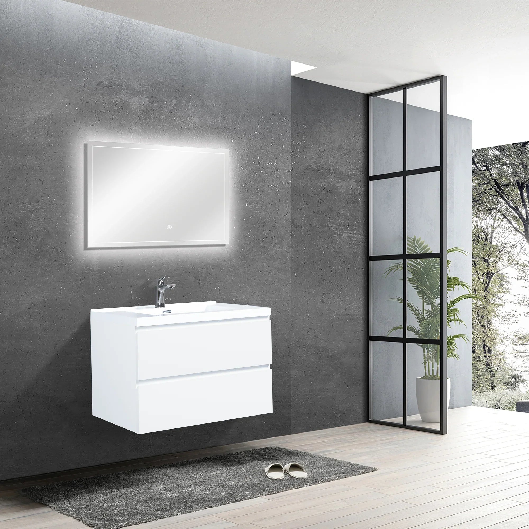 30" Glossy White Wall Mount Bathroom Vanity with White Polymarble Countertop-Migration_Bathroom Vanities-DECOROLALA