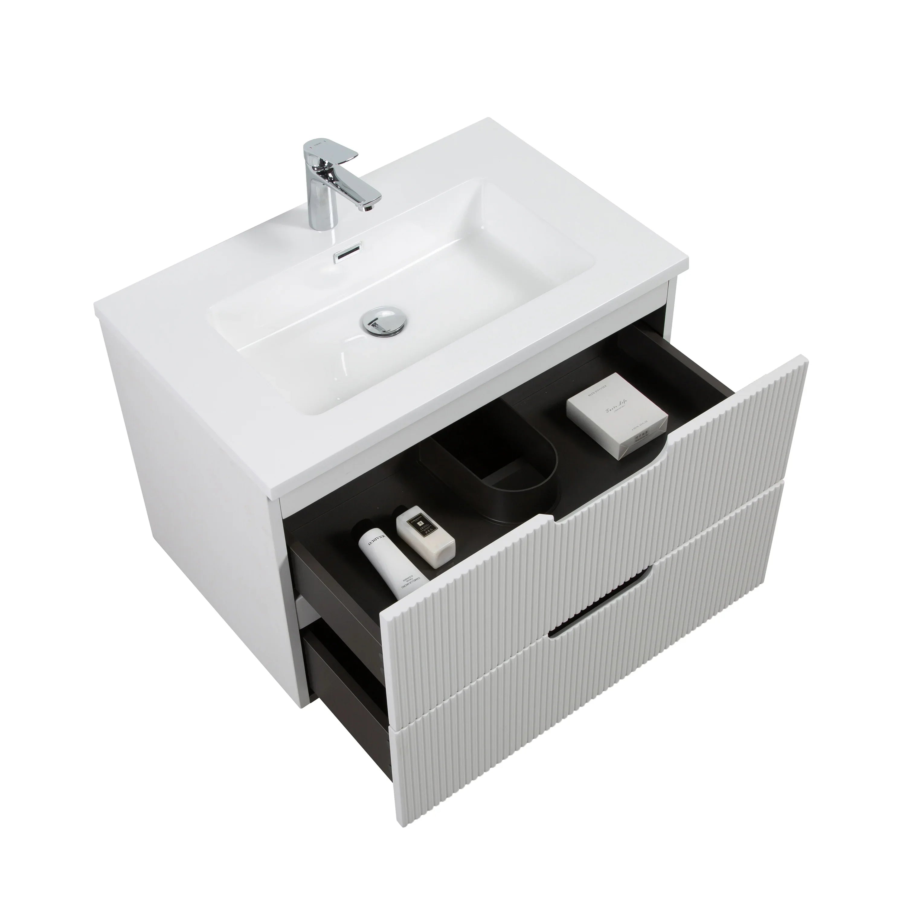 30" Glossy White Wall Mount Bathroom Vanity with White Polymarble Countertop-Migration_Bathroom Vanities-DECOROLALA