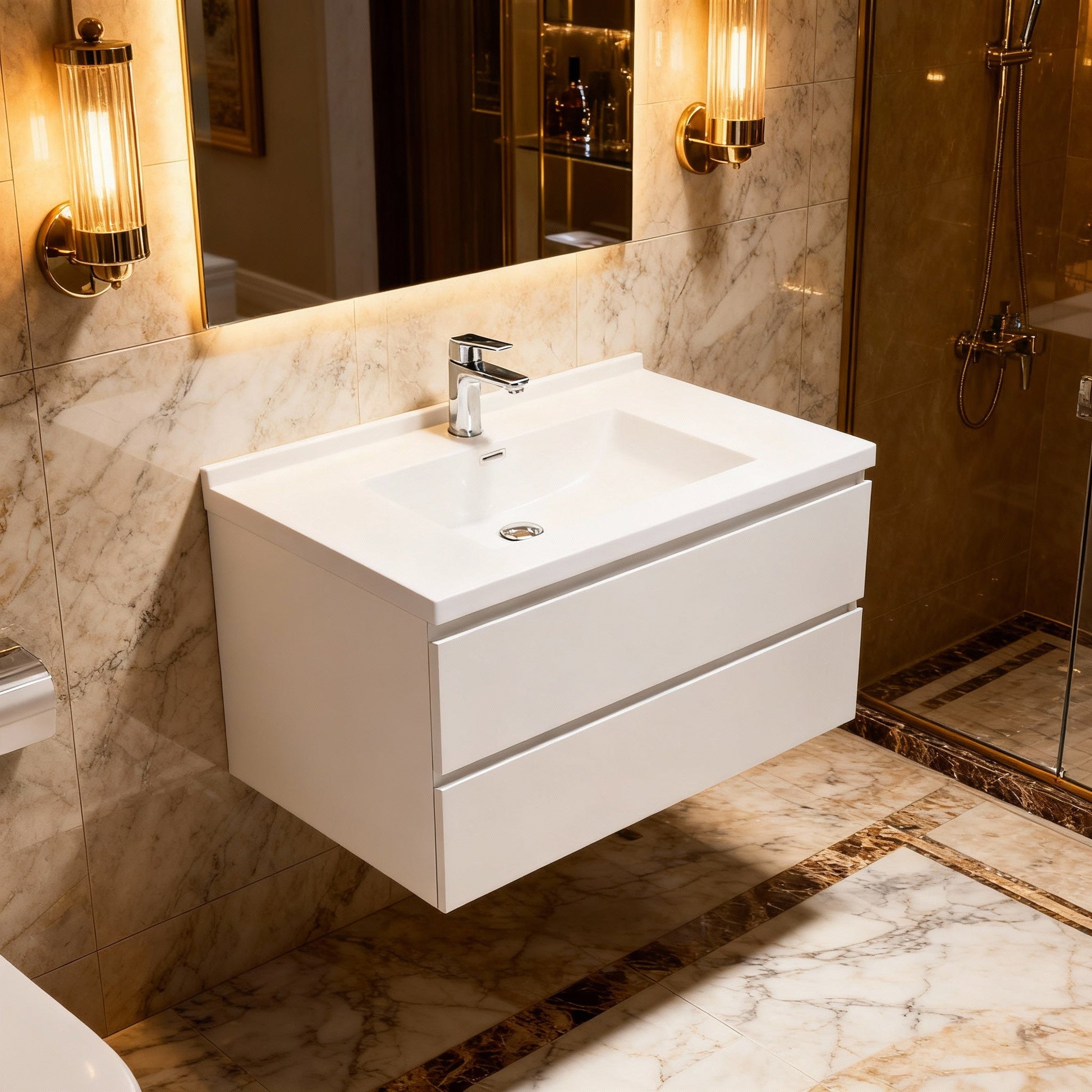 30" Glossy White Wall Mount Bathroom Vanity with White Polymarble Countertop-Migration_Bathroom Vanities-DECOROLALA