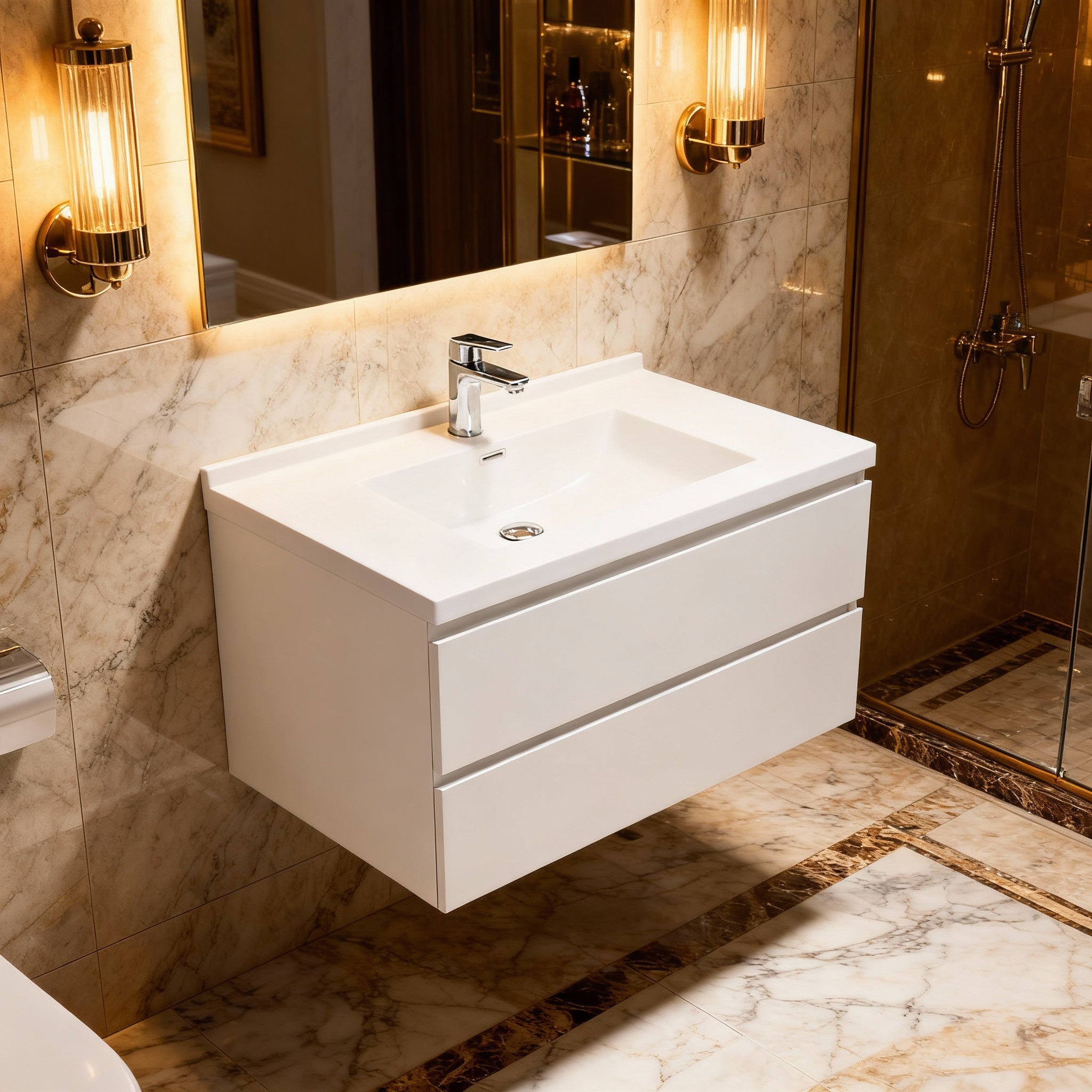 30" Glossy White Wall Mount Bathroom Vanity with White Polymarble Countertop-Migration_Bathroom Vanities-DECOROLALA