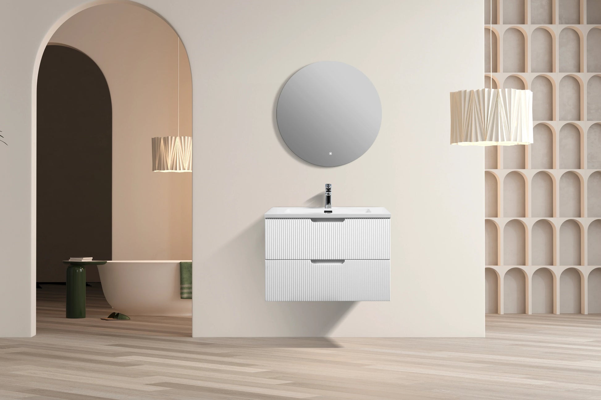 30" Glossy White Wall Mount Bathroom Vanity with White Polymarble Countertop-Migration_Bathroom Vanities-DECOROLALA