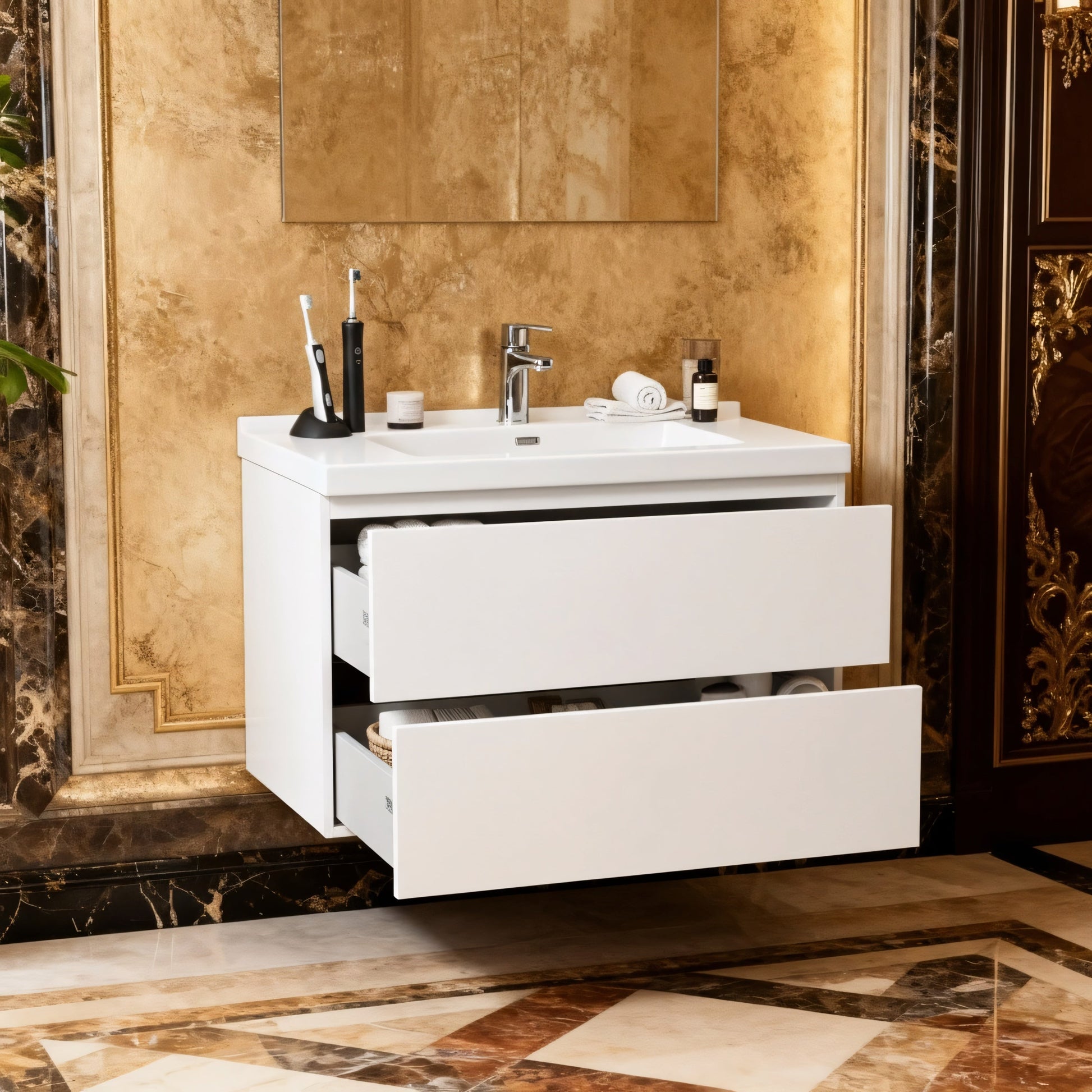 30" Glossy White Wall Mount Bathroom Vanity with White Polymarble Countertop-Migration_Bathroom Vanities-DECOROLALA