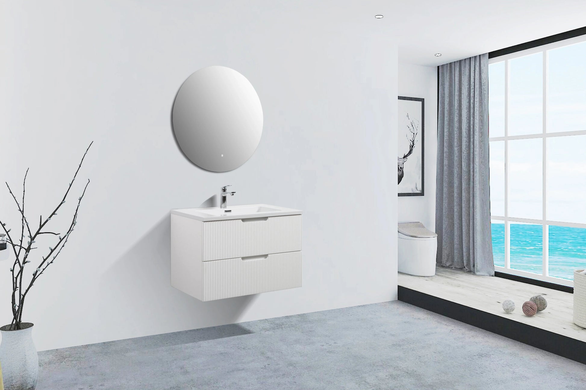 30" Glossy White Wall Mount Bathroom Vanity with White Polymarble Countertop-Migration_Bathroom Vanities-DECOROLALA