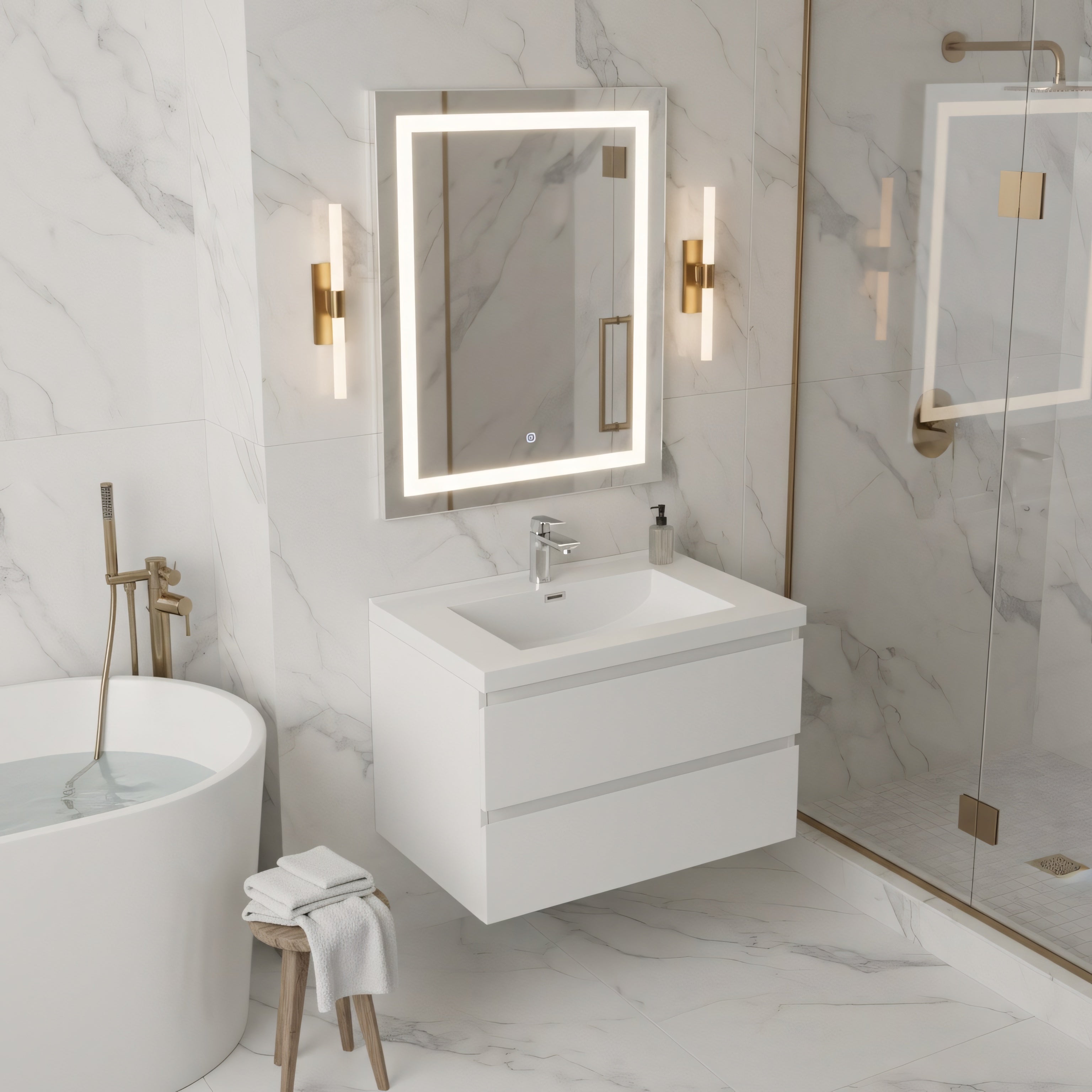 30" Glossy White Wall Mount Bathroom Vanity with White Polymarble Countertop-Migration_Bathroom Vanities-DECOROLALA