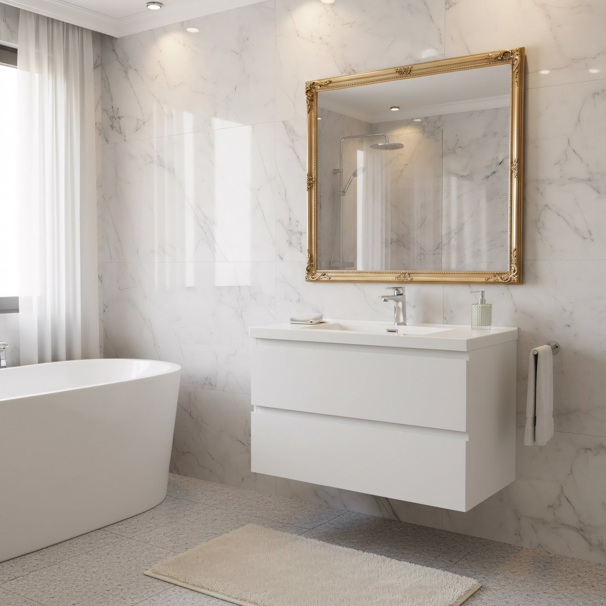 30" Glossy White Wall Mount Bathroom Vanity with White Polymarble Countertop-Migration_Bathroom Vanities-DECOROLALA