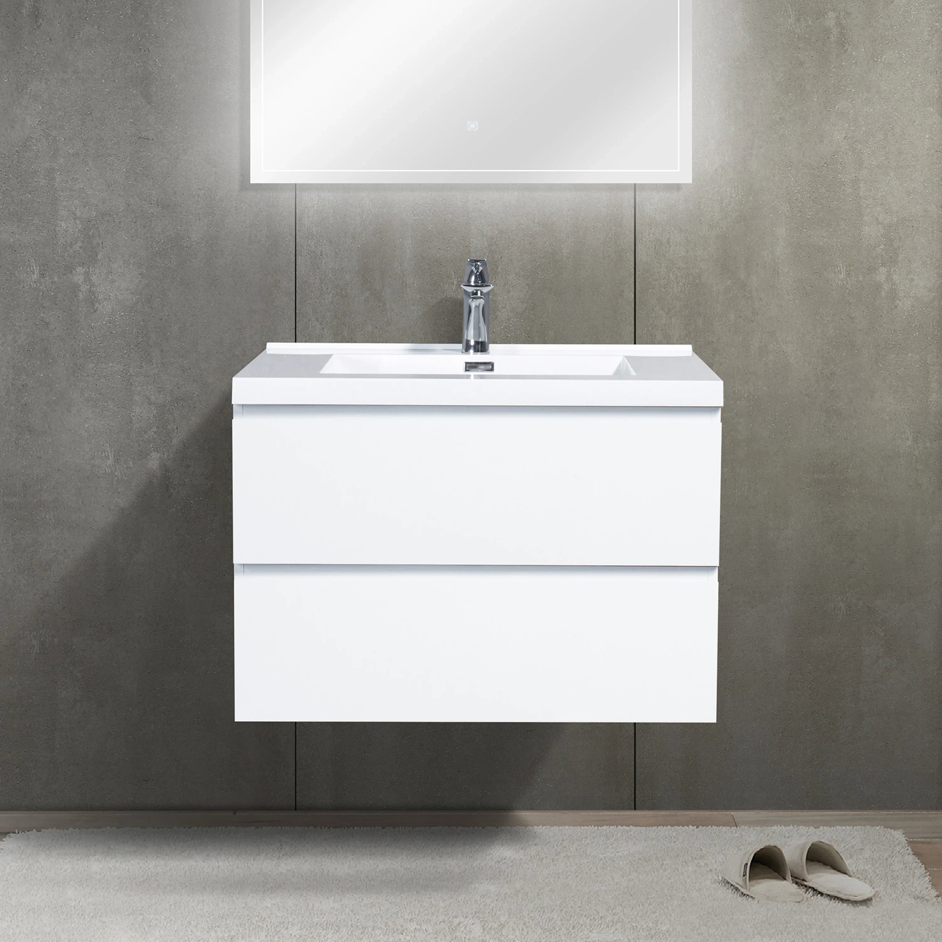 30" Glossy White Wall Mount Bathroom Vanity with White Polymarble Countertop-Migration_Bathroom Vanities-DECOROLALA