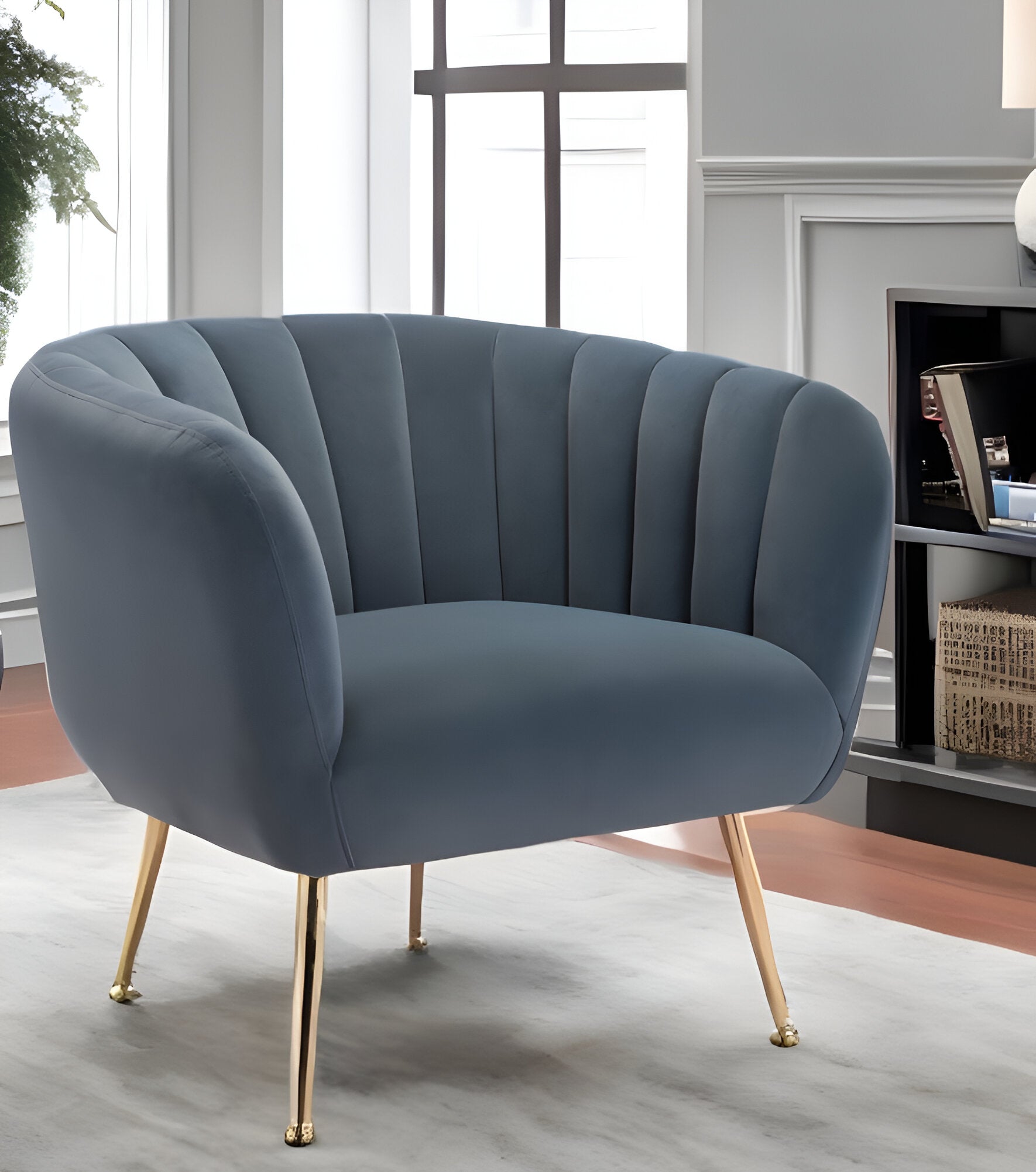 30" Gray And Gold Velvet And Upholstered Tufted Club Chair-Accent Chairs-DECOROLALA